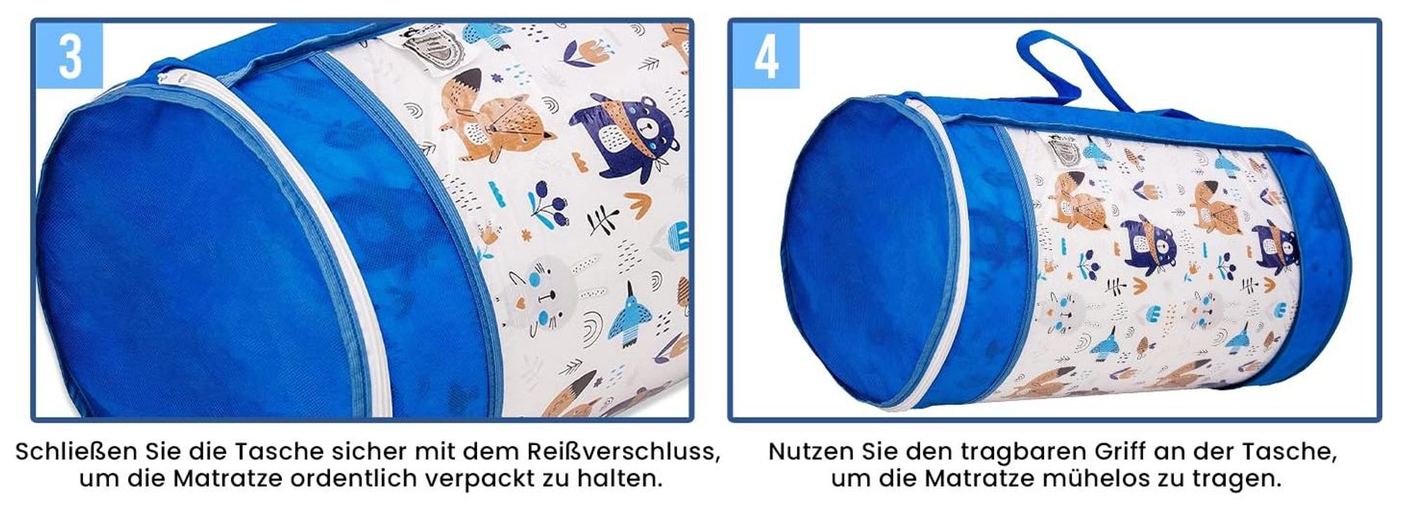 Kindermatratze 70x140 | Kinder Klappmatratze mit Blauem Reisetaschen-Bezug |Matratze 70x140 aus 100% kuschelig weicher Baumwolle |Reisebett-Matratze