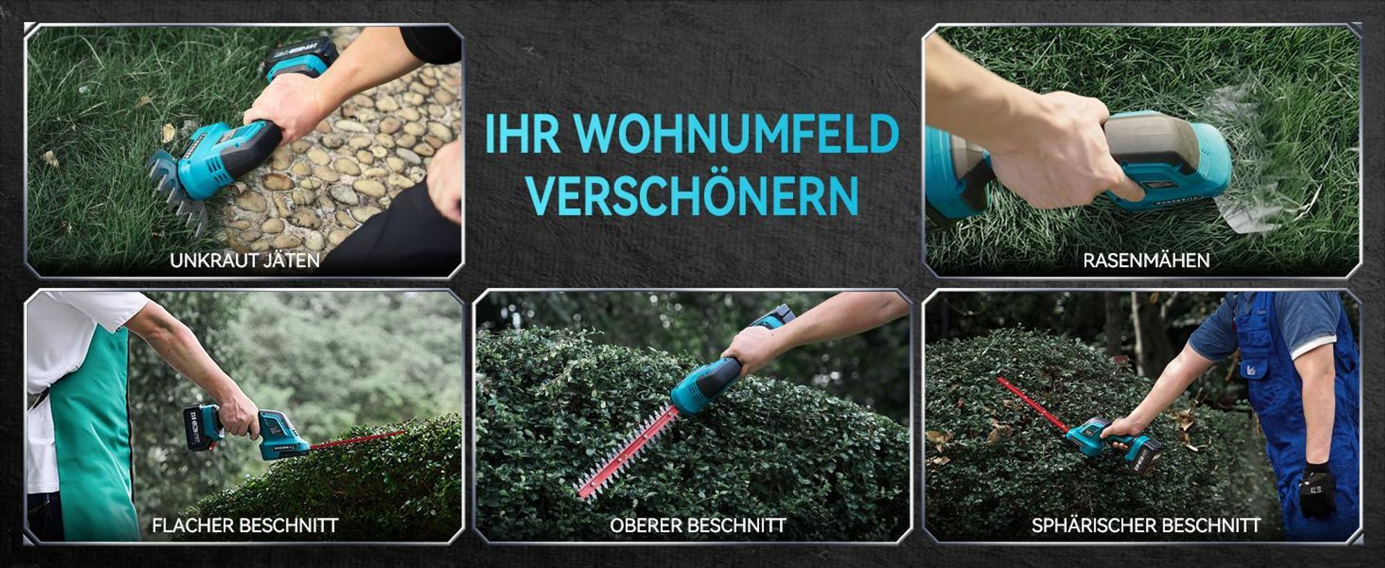 Akku Heckenschere, Elektrische Heckenschere, Heckenschere kabellos, Grasschere mit Akku und Ladegerät