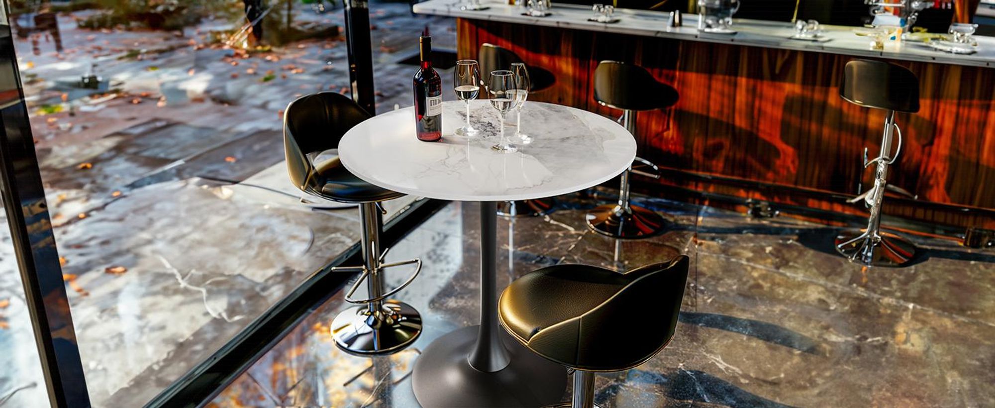 WISFOR Bartisch Küchentisch, Esstisch Marmor, Stehtisch für Esszimmer, Küche, Partyraum, mit Metallgestell, 76x78.5cm, glänzendes Weiß + Schwarz