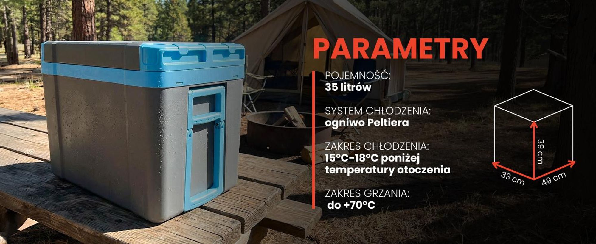 Przenośna lodówka turystyczna o pojemności 35 litrów z funkcją chłodzenia i grzania na kółkach