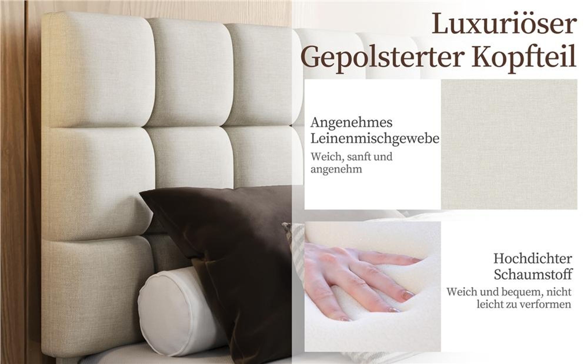 Yaheetech Polsterbett Doppelbett 140x200cm, Bettgestell mit höhenverstellbarem Kopfteil, Bettrahmen mit Lattenrost, Beige