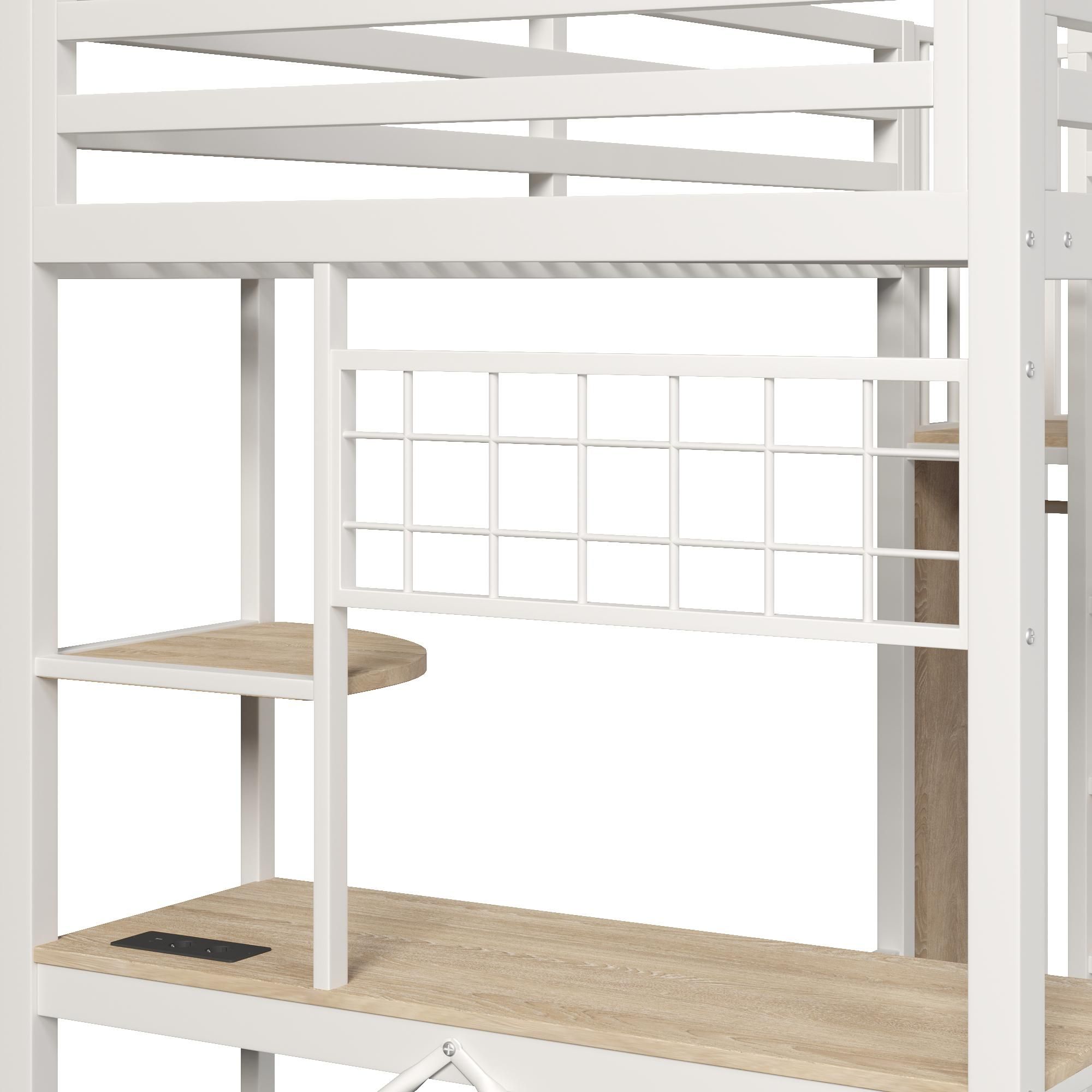 Flieks Etagenbett 140x200cm mit USB, Hochbett mit Led, Kinderbett Jugendbett mit Schreibtisch und Lochwand, Stockbett Metallbett mit Treppe, Weiß