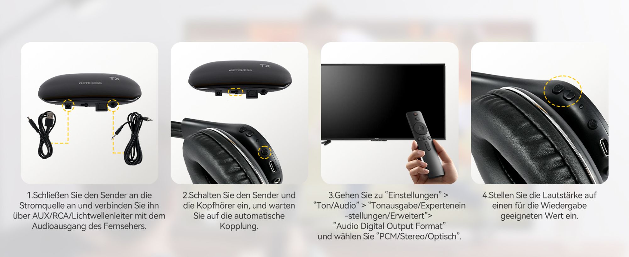 Retekess TA005P Kabellose Kopfhörer für TV, Ohrenschützer der zweiten Generation, High-Definition-Klangqualität, mit Kopfhörerständer, für Familien