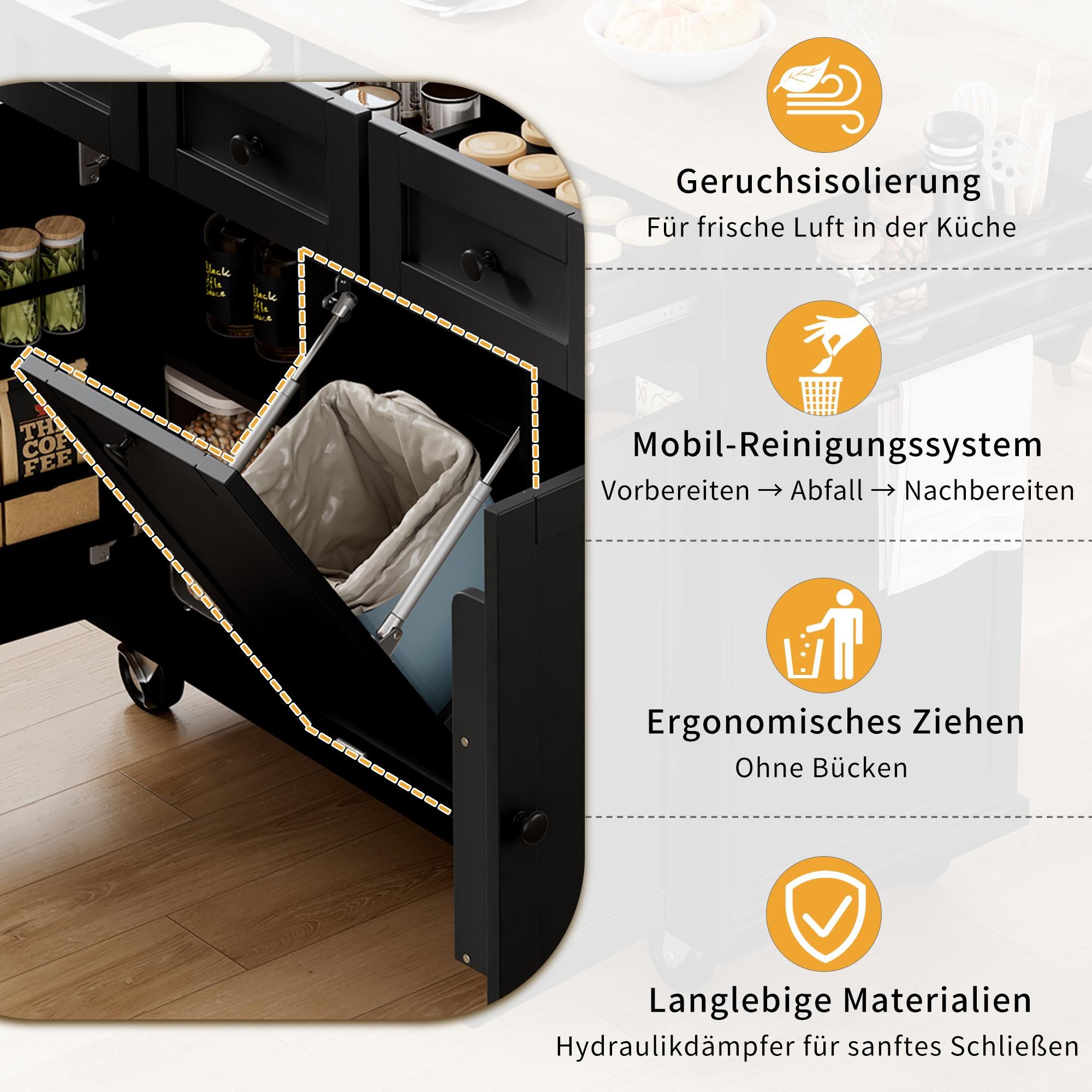 Merax Kücheninsel Servierwagen mit Erweiterbarer Arbeitsplatte, Schubladen und Tür, Küchenwagen auf Rollen, Mobil Küchenschrank, Schwarz