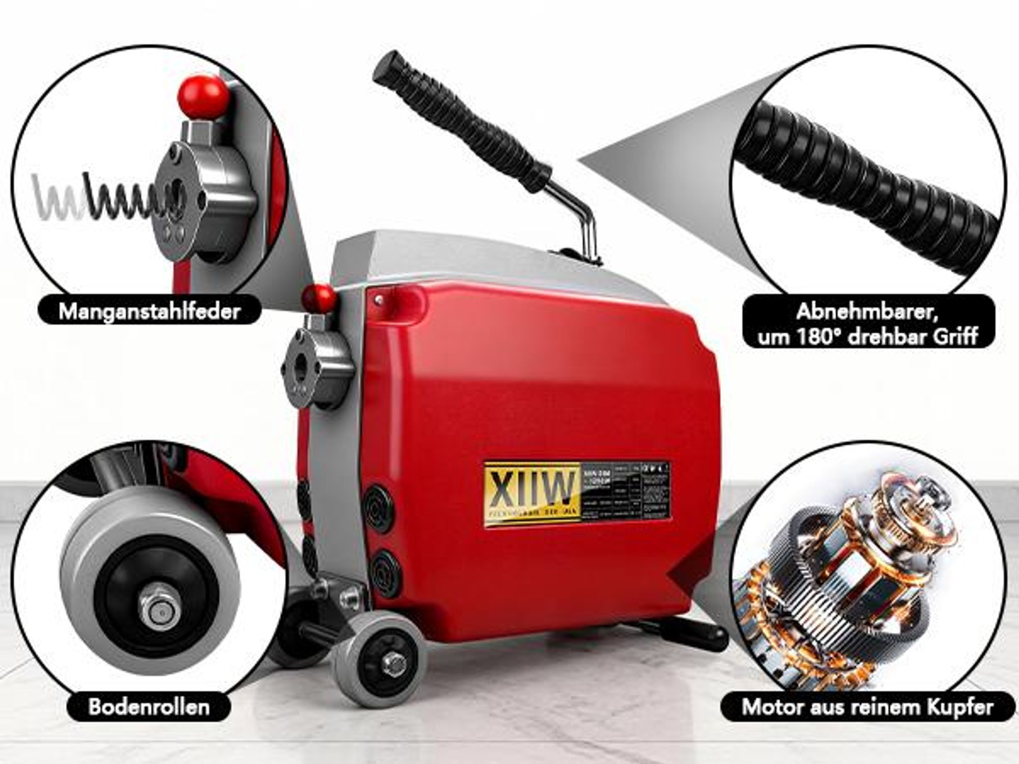 1250W Stark Rohrreinigungsgerät mit 17.5m*Ø22mm + 14m*Ø22mm Spirale, Alurahmen, Rollen, Rohrreinigungsspirale für Ø20–200mm Abflussverstopfung