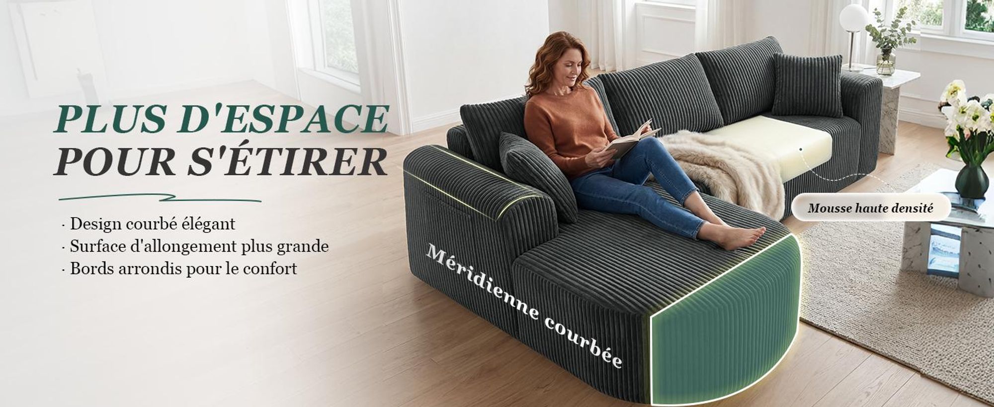 Canapé d'angle avec fonction convertible, canapé modulaire en velours sans structure visible, canapé avec chaise longue, canapé d'angle convertible, canapés modulaires avec coussins et poches latérales, 243 cm
