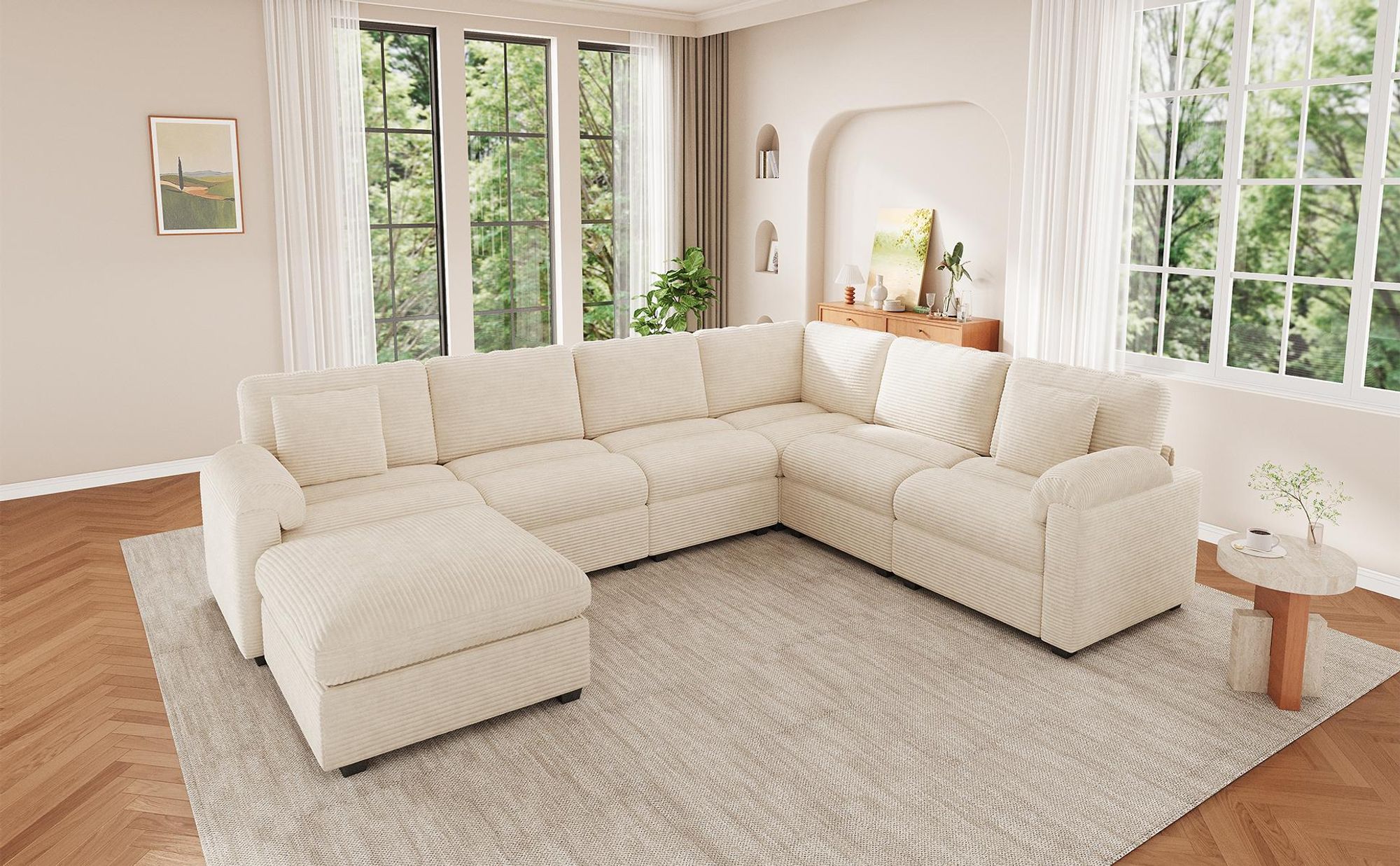Merax XXL Modulares U-Form Sofa, L-Form Ecksofa Mit Hocker, 7 Sitzer Wohnlandschaft, Cord Sofa Mit Kissen, Großes Familiensofa, Couch, Beige