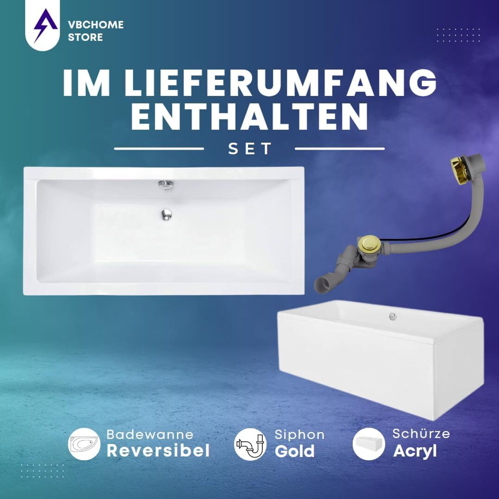 VBChome Acrylbadewanne 175 x 80 cm Weiß mit Acryl Schürze und Gold Siphon - Modern, langlebig und wärmeisolierend, perfekt für das Badezimmer
