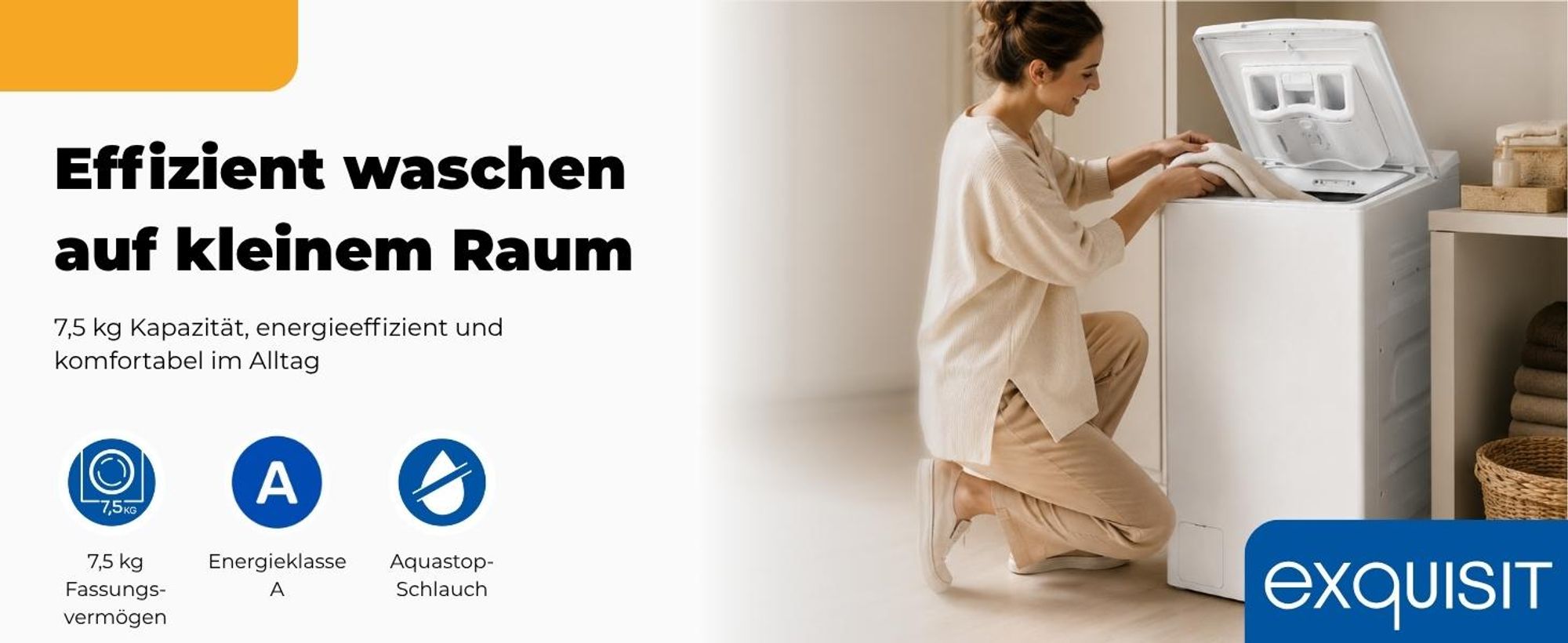 Exquisit Waschmaschine 7,5kg, Toplader, Waschmaschine schmal, Energieklasse A, 1200 U/Min, Startzeitvorwahl, Kurzprogramm, LTO51207-030A weiss