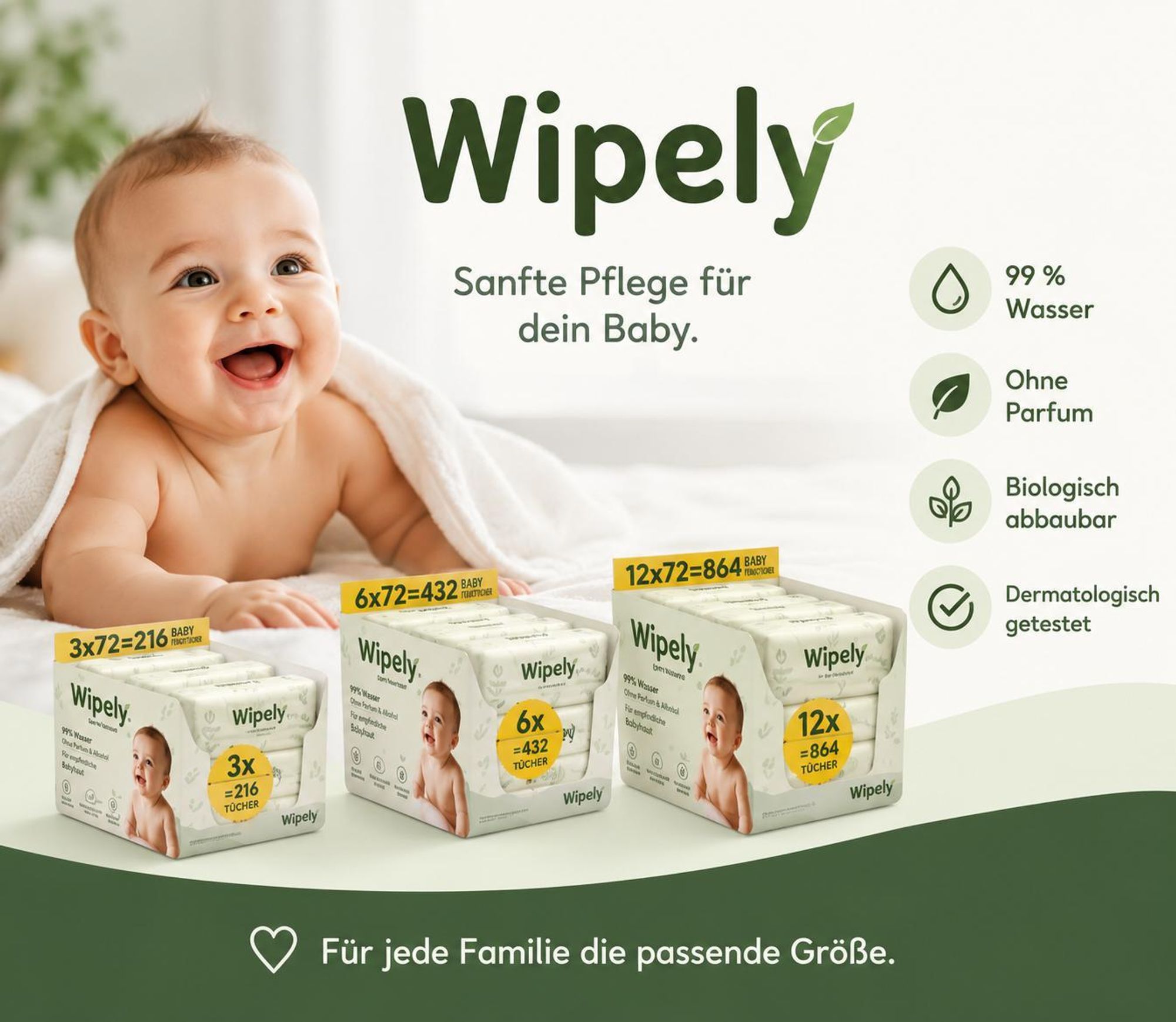 Wipely Baby Feuchttücher Sensitive 12er Set (864 Stück) 99% Wasser, Ohne Parfum & Alkohol, getestet, Biologisch abbaubar, recycelbar