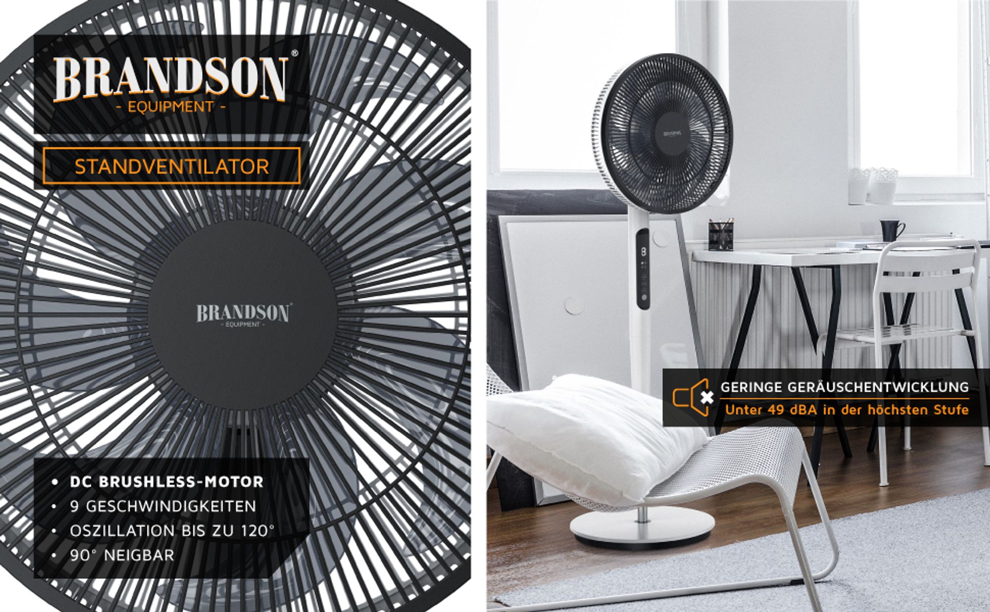 Moderner Standventilator mit schwarzem Schutzgitter in einem hellem Wohnzimmer aufgestellt