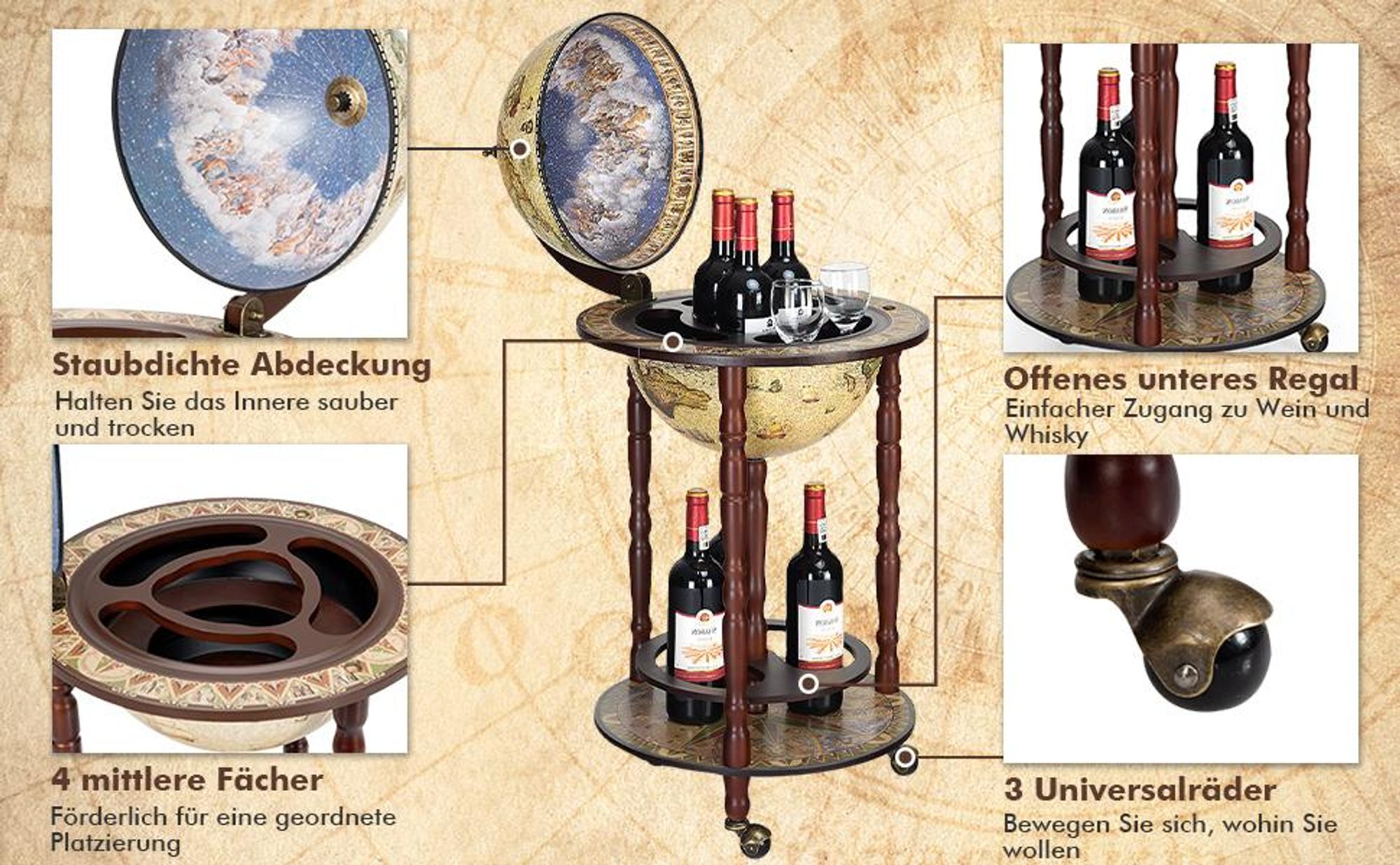 COSTWAY Globusbar mit Rollen, Weinregal, Servierwagen, Globus Bar, Barwagen Holz Braun