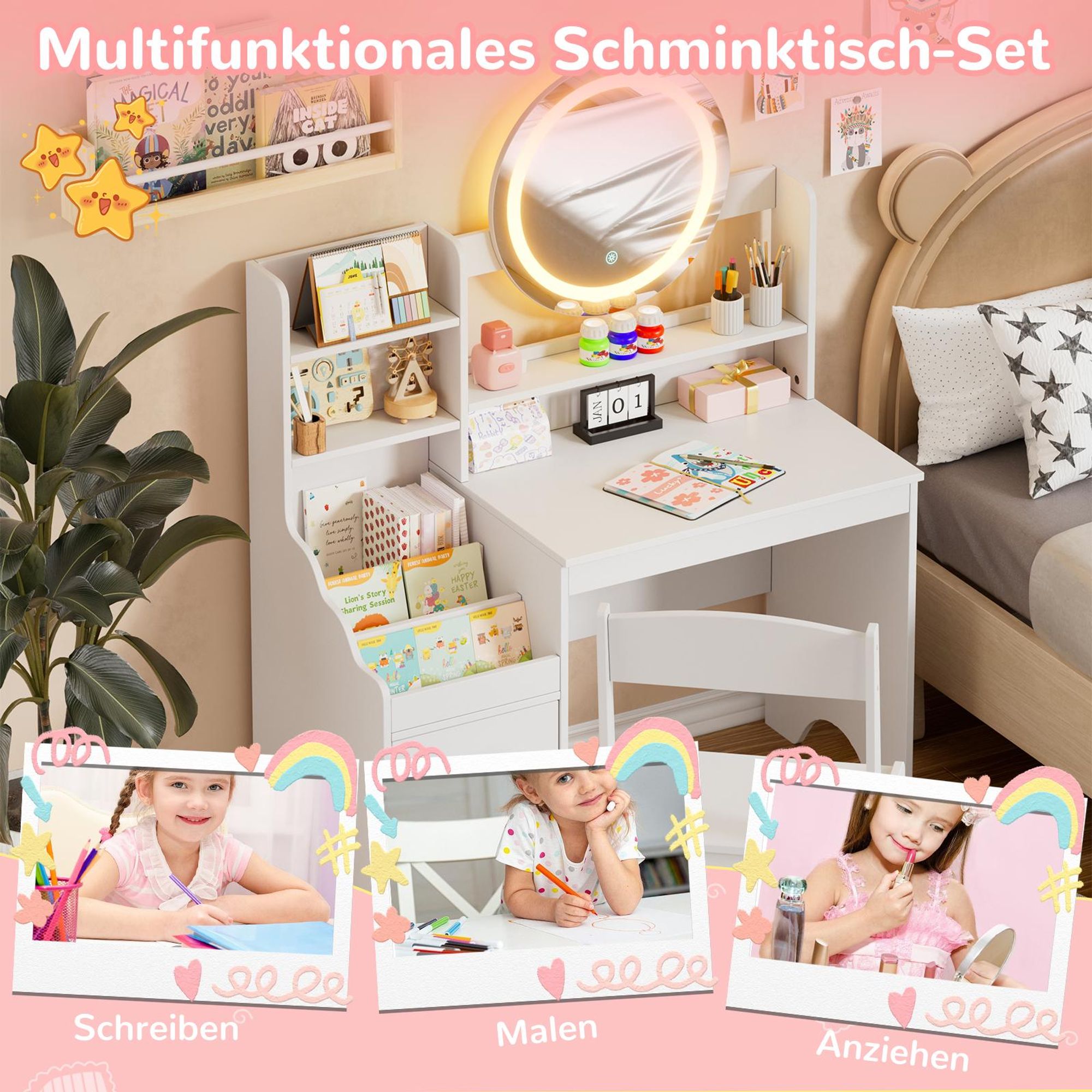 TWSOUL Schminktisch 2-in-1 Kinderschminktisch mit Hocker Frisiertisch für Mädchen aus Holz mit LED-Spiegel, weiß