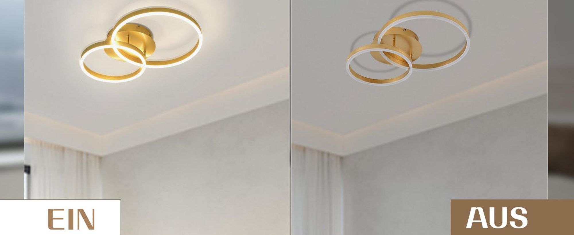 ZMH LED stropní lampa 46W Stropní svítidlo do obýváku Stmívatelné s dálkovým ovládáním Zlatá 2 kroužky z akrylu Stropní osvětlení pro ložnici