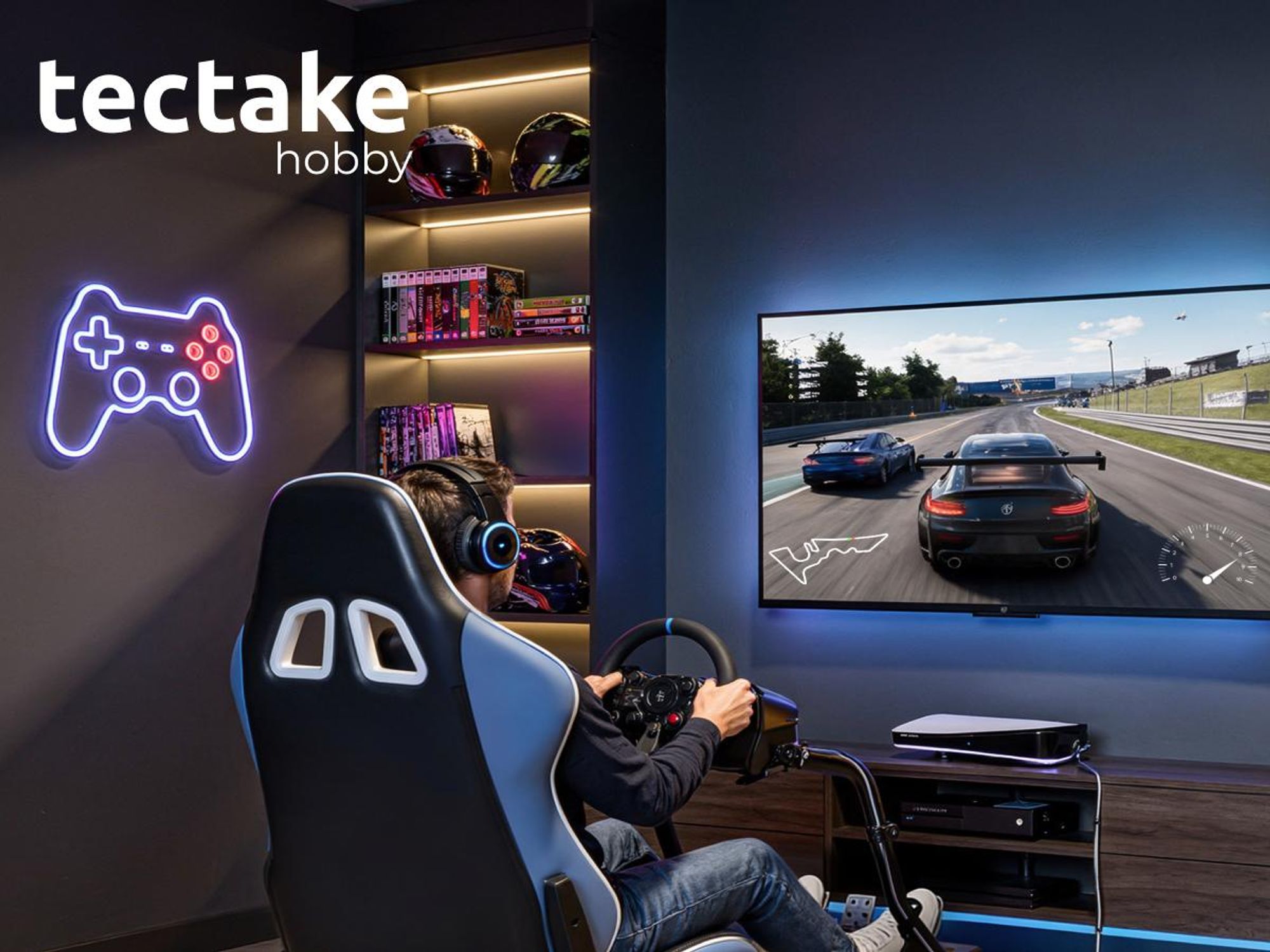 tectake Gamingstuhl Sim-Racing-Cockpit GT-Style Rennsitz 12-stufig verstellbar kompatibel Logitech Fanatec Thrustmaster Stahl Kunstleder