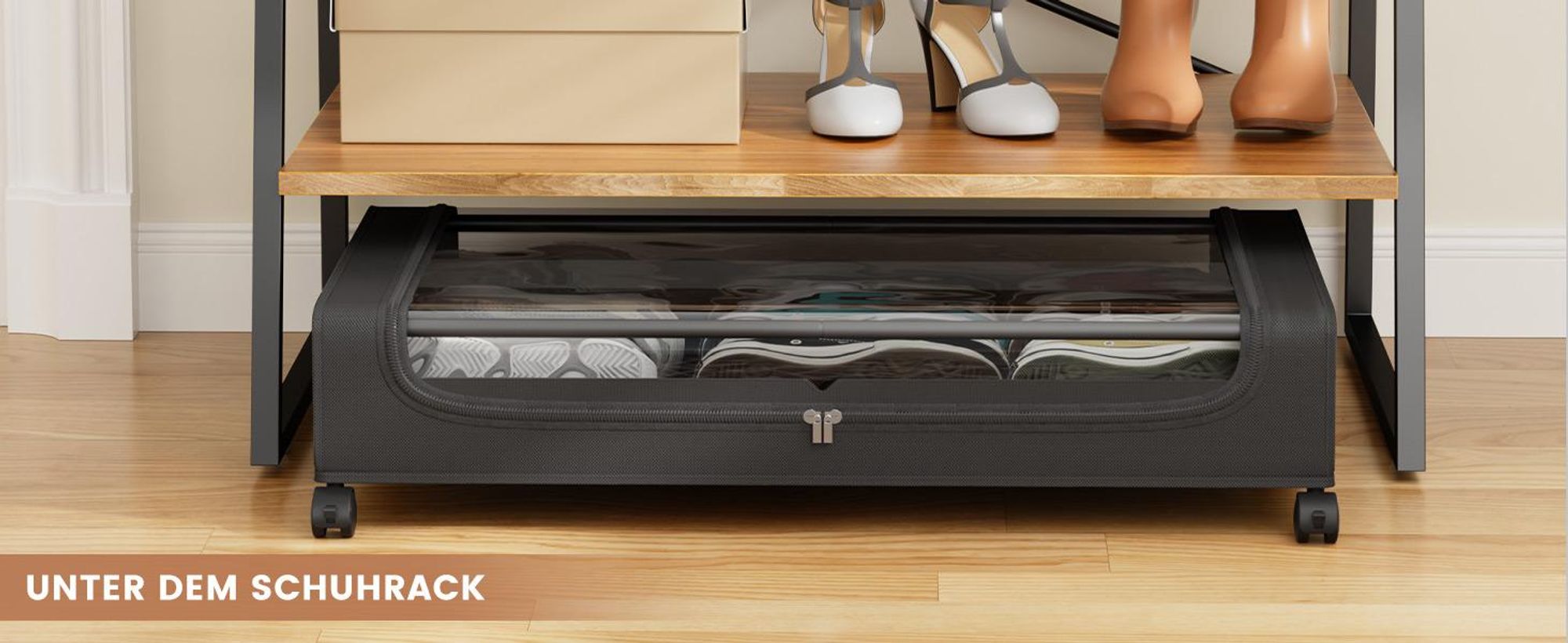 2 Stück Unterbett-Aufbewahrungsboxen mit Rollen, 50 L, 16 cm hoch, mit transparentem Deckel, Unterbettkommode für Kleidung, Bettwäsche und Schuhe