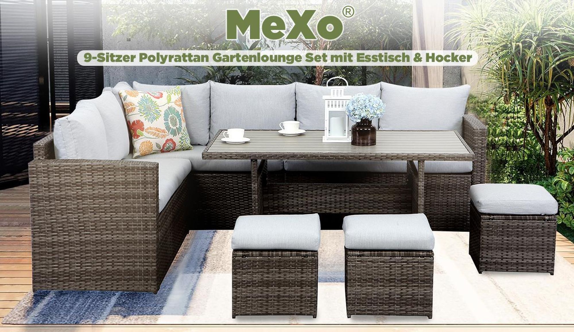 MeXo Gartenmöbel Set Polyrattan Essgruppe 7 Teile Lounge Sofa für 6-9 Personen mit Hocker, wetterfest Balkonset Sitzmöbel-Set Indoor Outdoor grau