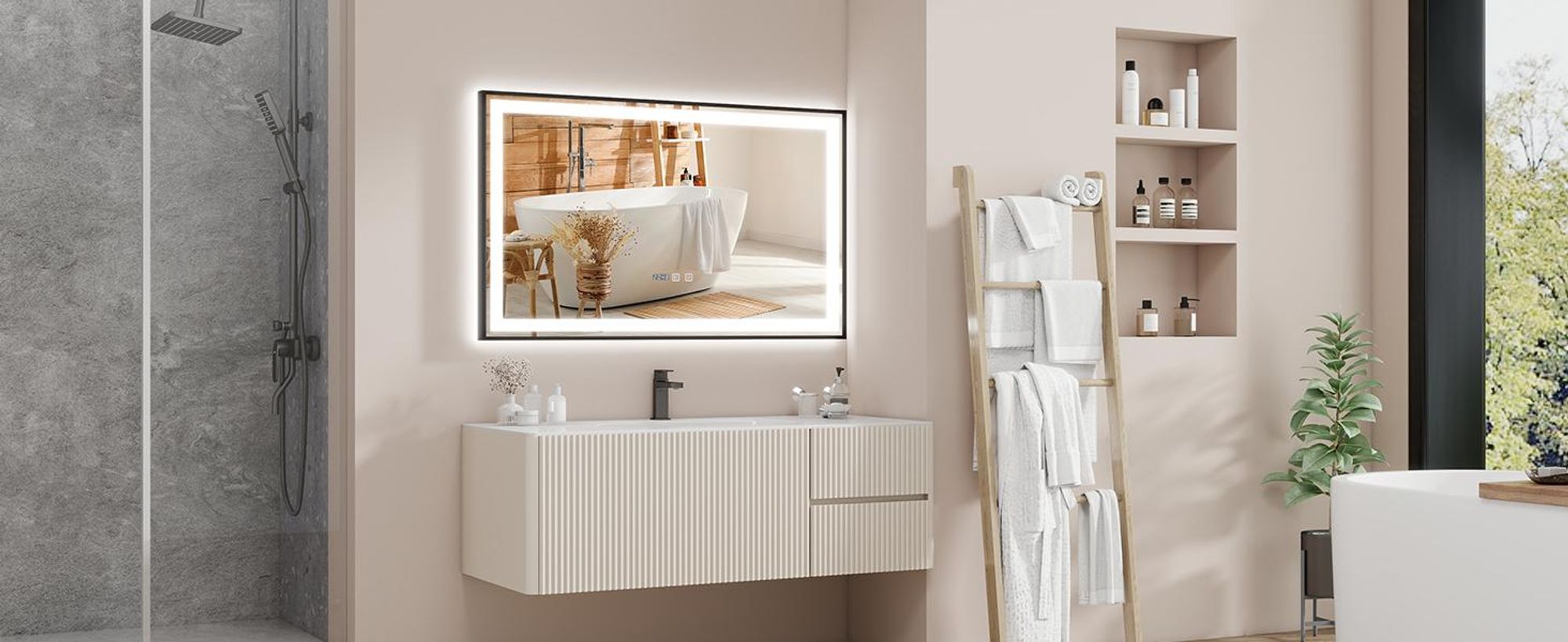 Puluomis Badspiegel 100x60 beschlagfrei mit 3 Farbe Beleuchtung, dimmbare Helligkeit, Badezimmerspiegel mit Digitaluhr, Temperatur schwarz