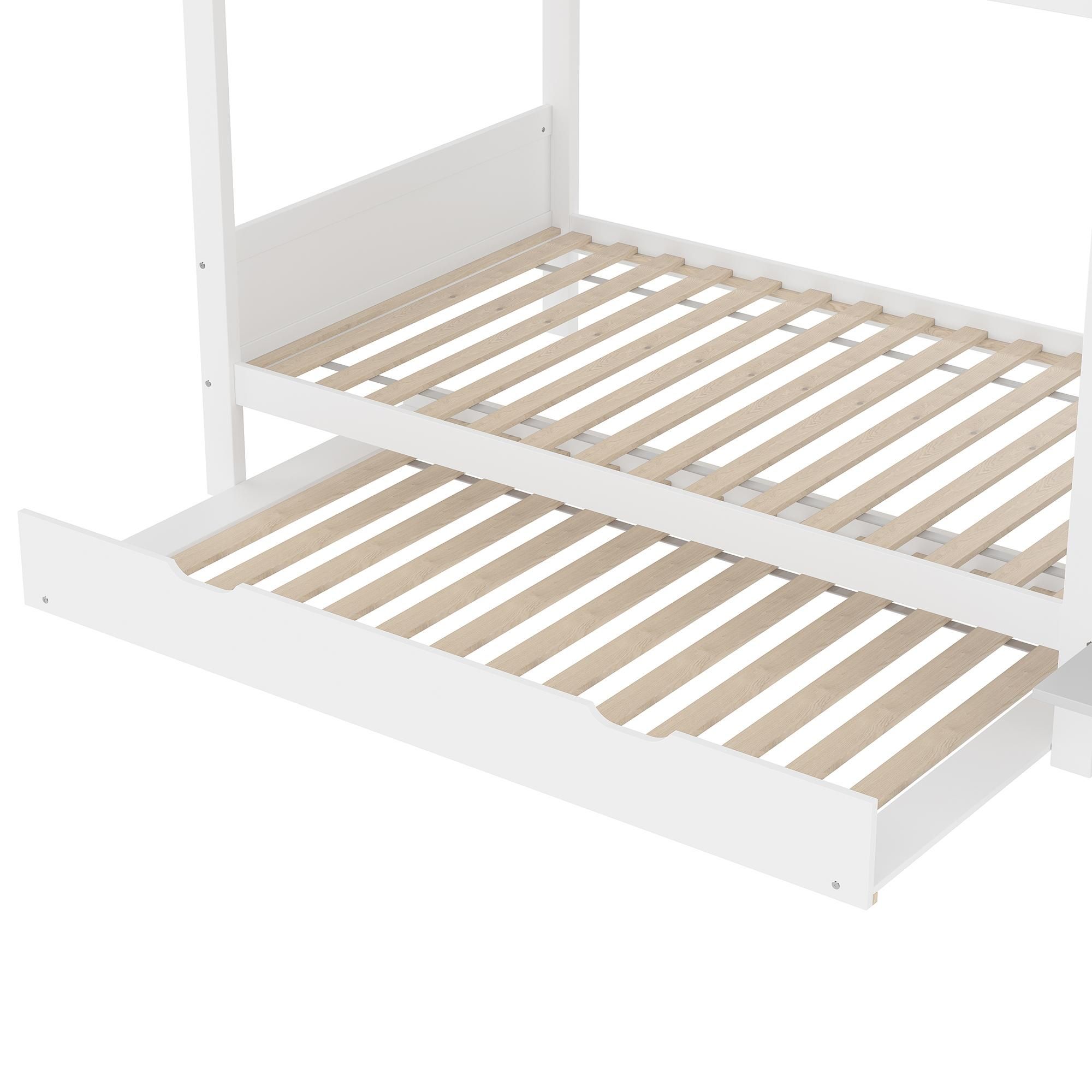 Merax Etagenbett 90x200cm, Kinderbett mit Ausziehbett, Lagertreppe, Kleiderschrank & Regal, Massivholzbett, Jugendbett, Stockbett, Weiß