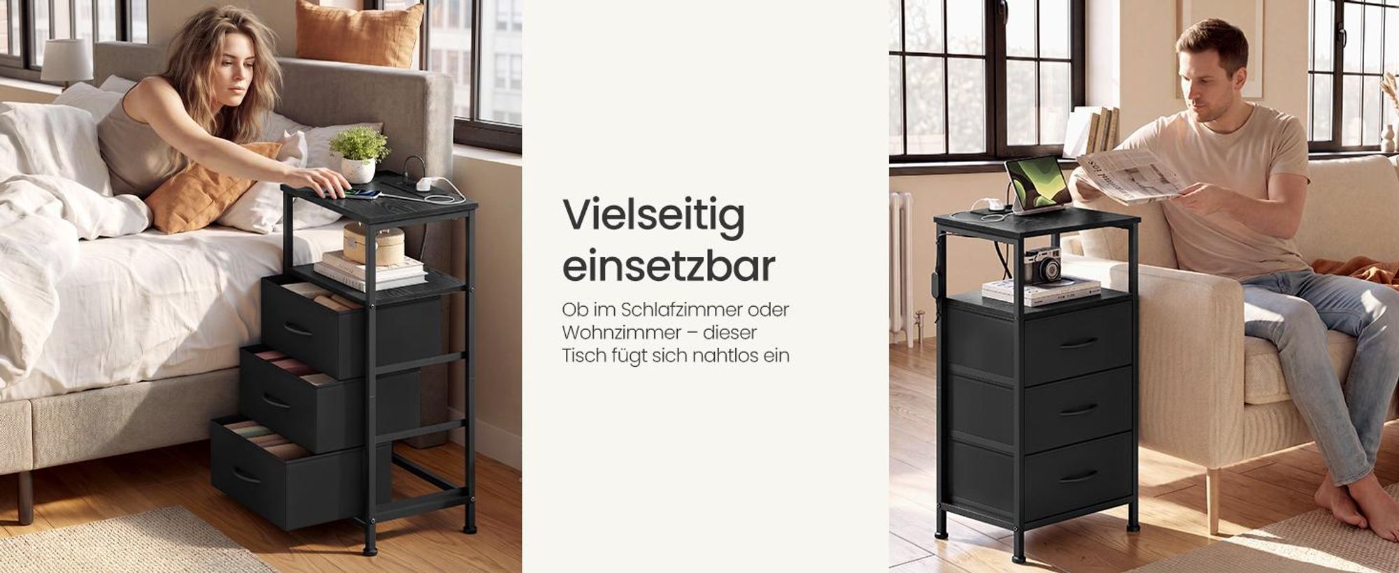 SONGMICS Nachttisch mit LED-Beleuchtung und Ladestation, 2er Set, Nachttisch mit 3 Schubladen und offenem Fach, schwarz