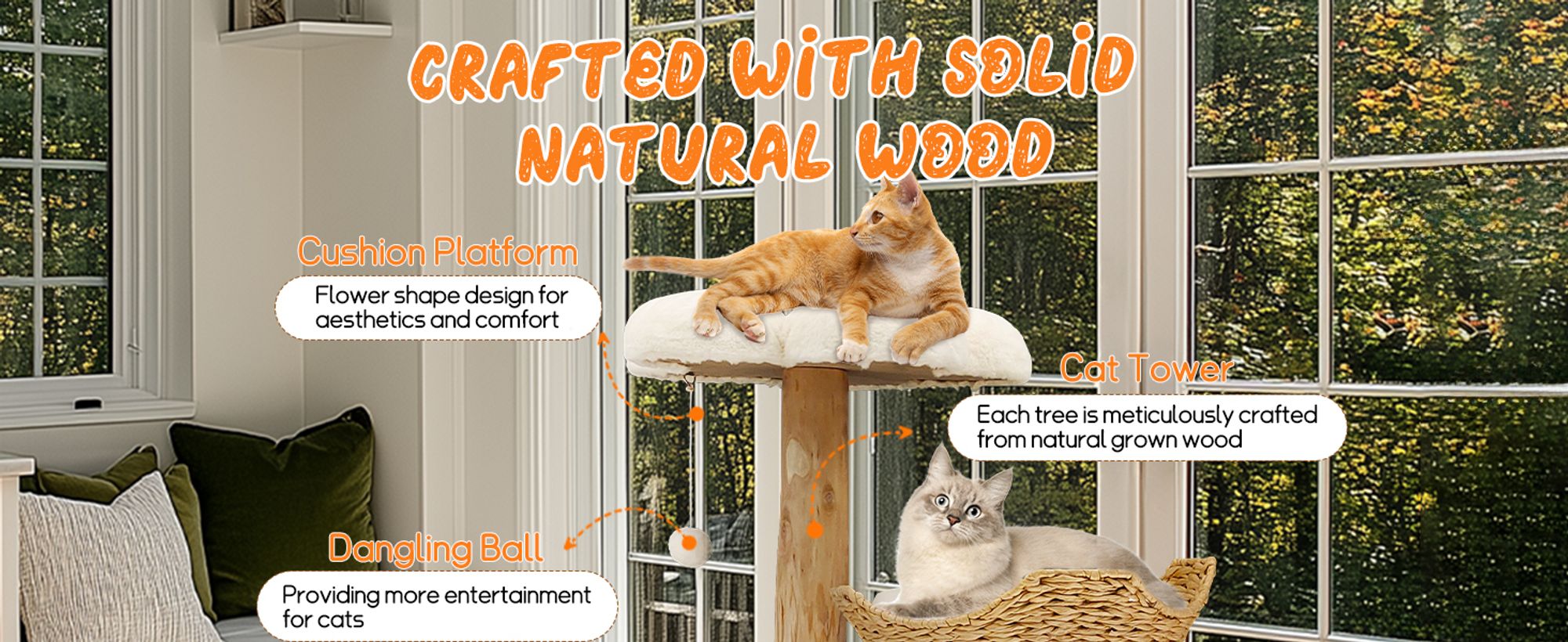 WISFOR Kratzbaum 111cm hoch, mehrstufig Katzenbaum mit Korb, beige