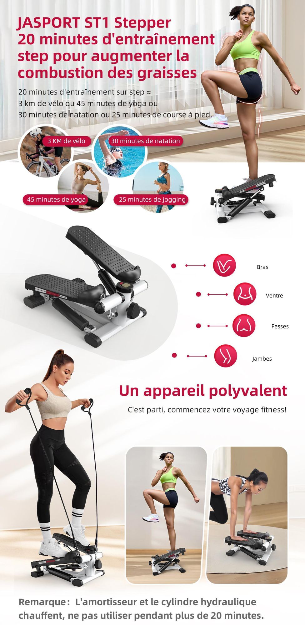 Mini-stepper JASPORT ST1, 2 en 1 avec cordes élastiques, écran LCD, résistance réglable, pour l'entraînement des jambes et des bras, silencieux et compact, charge max. 100 kg, blanc