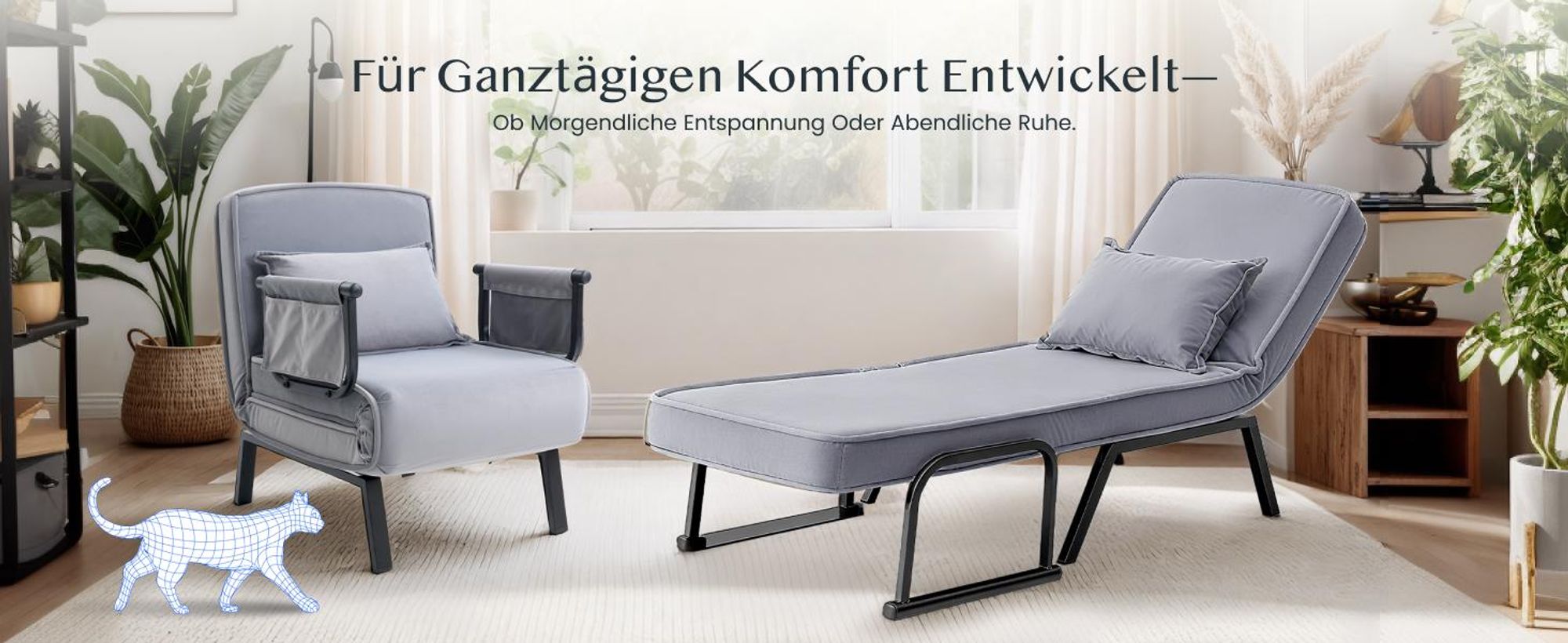 FlexiSpot 3-in-1 Schlafsessel mit Bettfunktion, Verstellbare Rückenlehne, Klappbare Beine, Seitentasche, Platzsparend für Wohnzimmer/Büro (Grau)