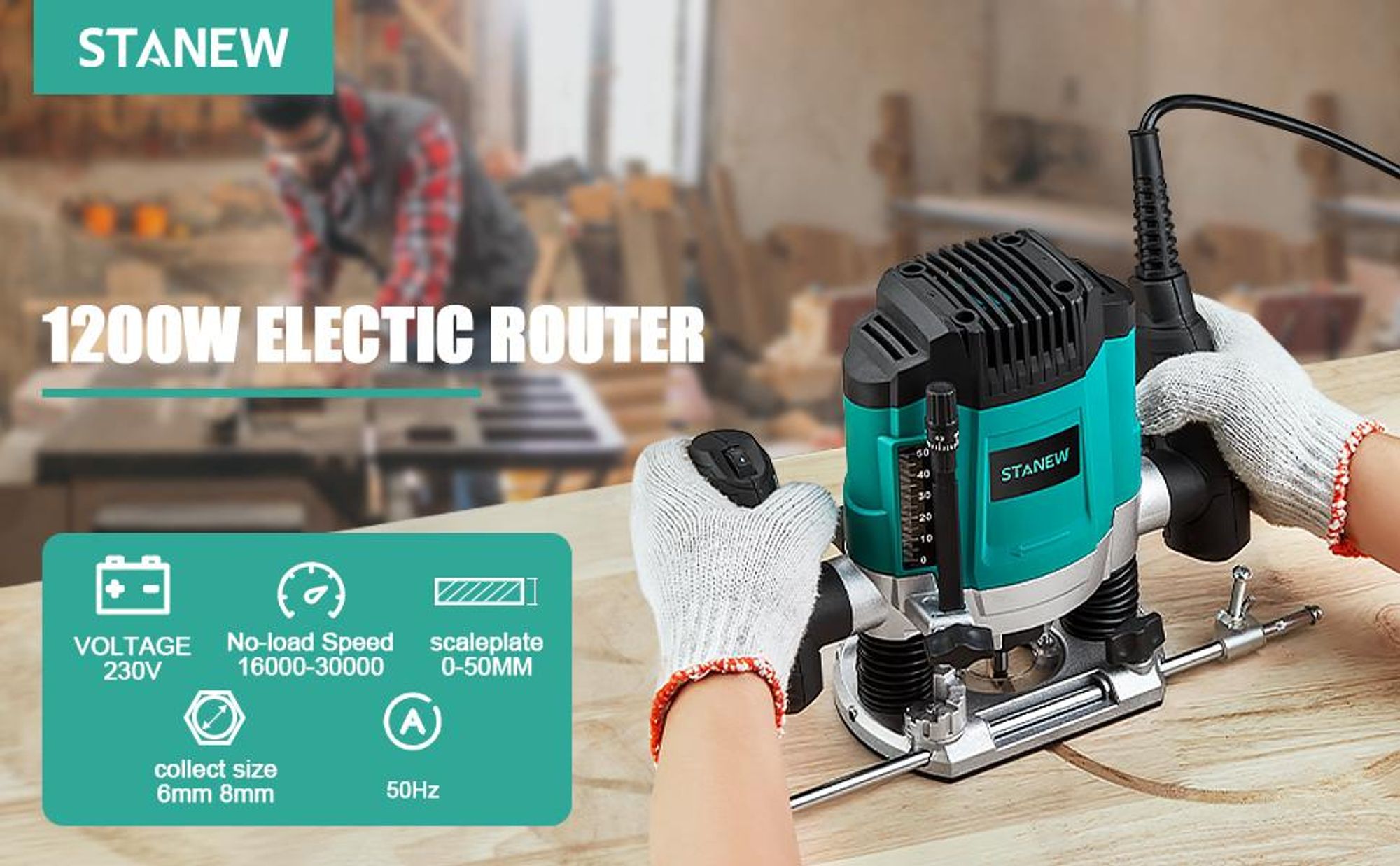 Défonceuse Verticale Electrique 1200 W 16000-30000 RPM STANEW, Profession Fresatrice Verticale avec Set de 12 fraises,6 Vitesses