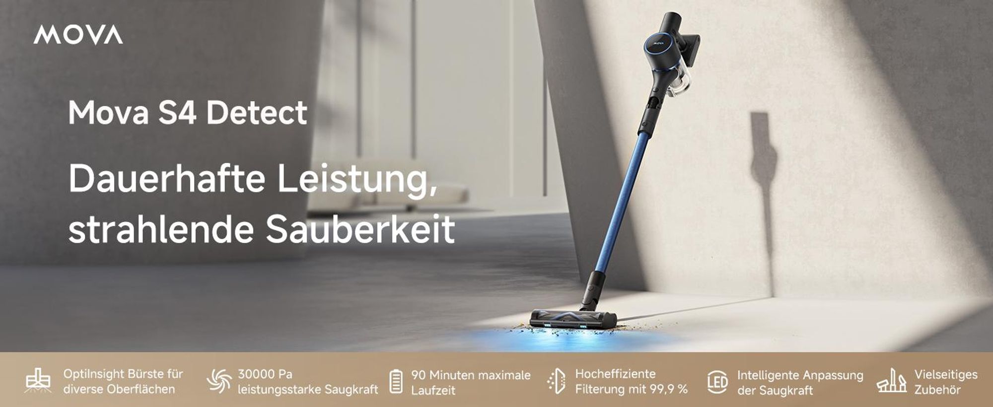 MOVA S4 Detect Handstaubsauger Kabellos, Bis zu 91 Min Laufzeit, LED-Display, OptiInsight Multibodenbürste, Anti-Verhedderung