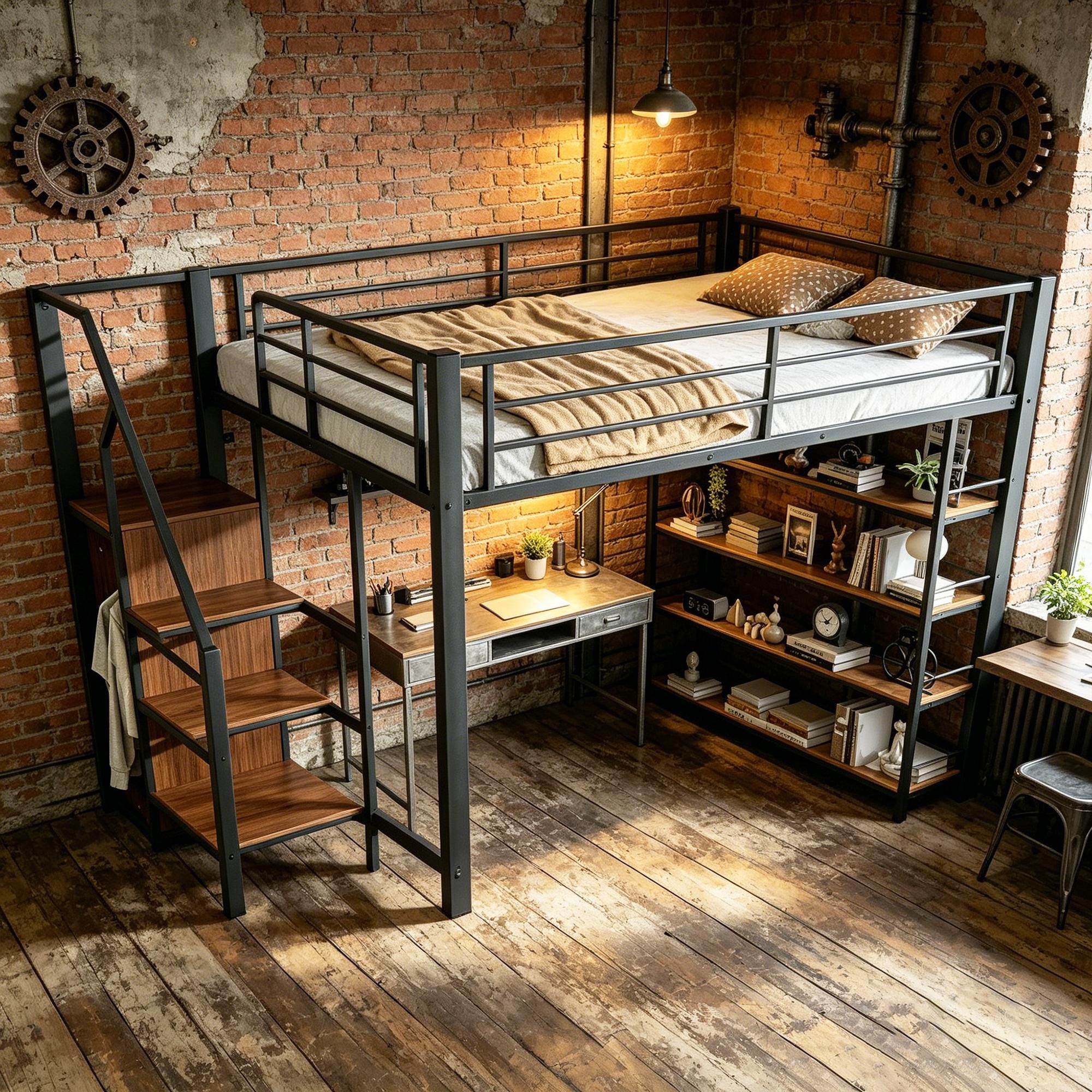 Bett mit Kleiderschrank, Regal und Treppe