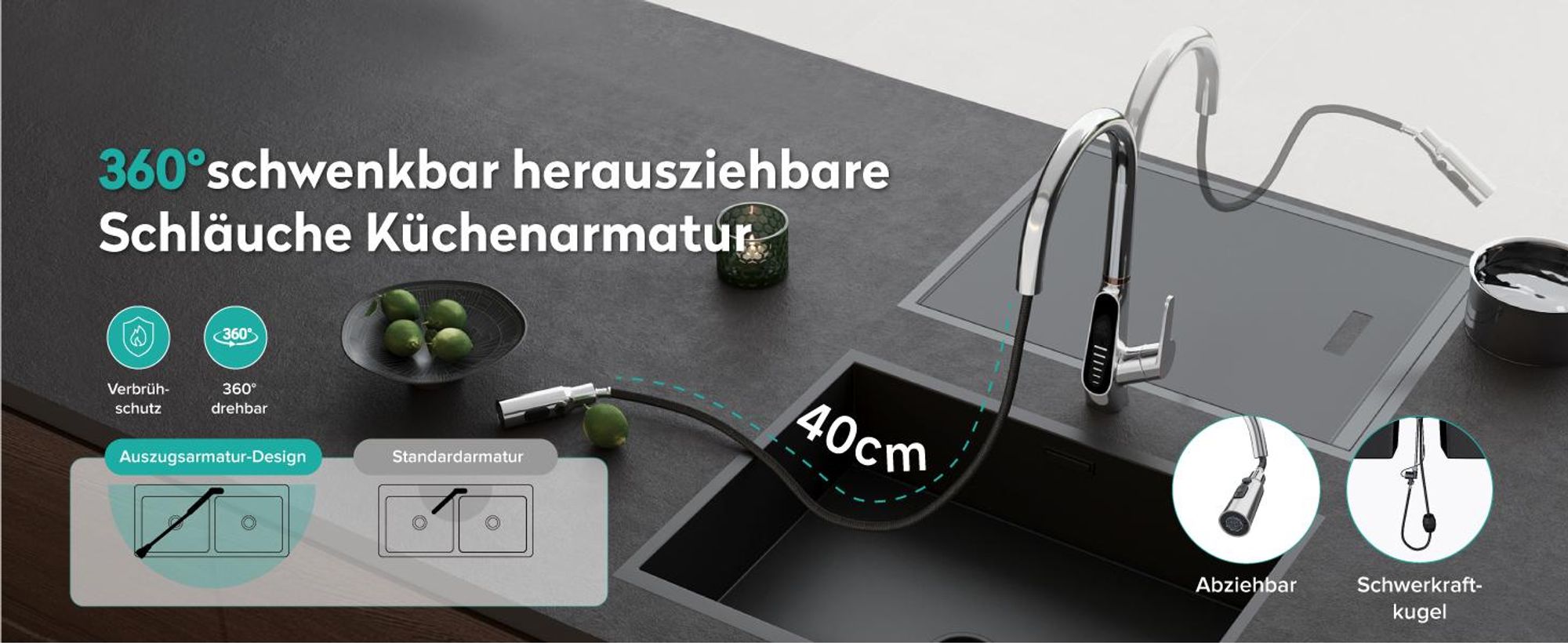 Mai & Mai Wasserhahn Küche Küchenamatur ausziehbar 360° drehbar 3 Wasserstrahl-Modi LED-Digitalanzeige Küchenwasserhahn Spültischarmatur Silber 8085