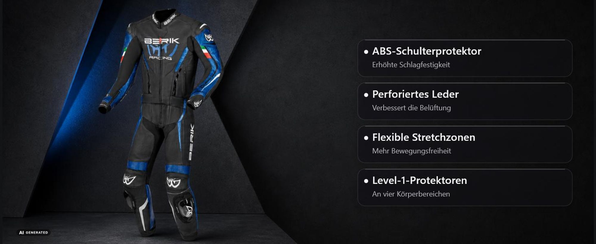 Berik Finthal 2-Teiler Motorrad Lederkombi, schwarz/weiß/blau, 52