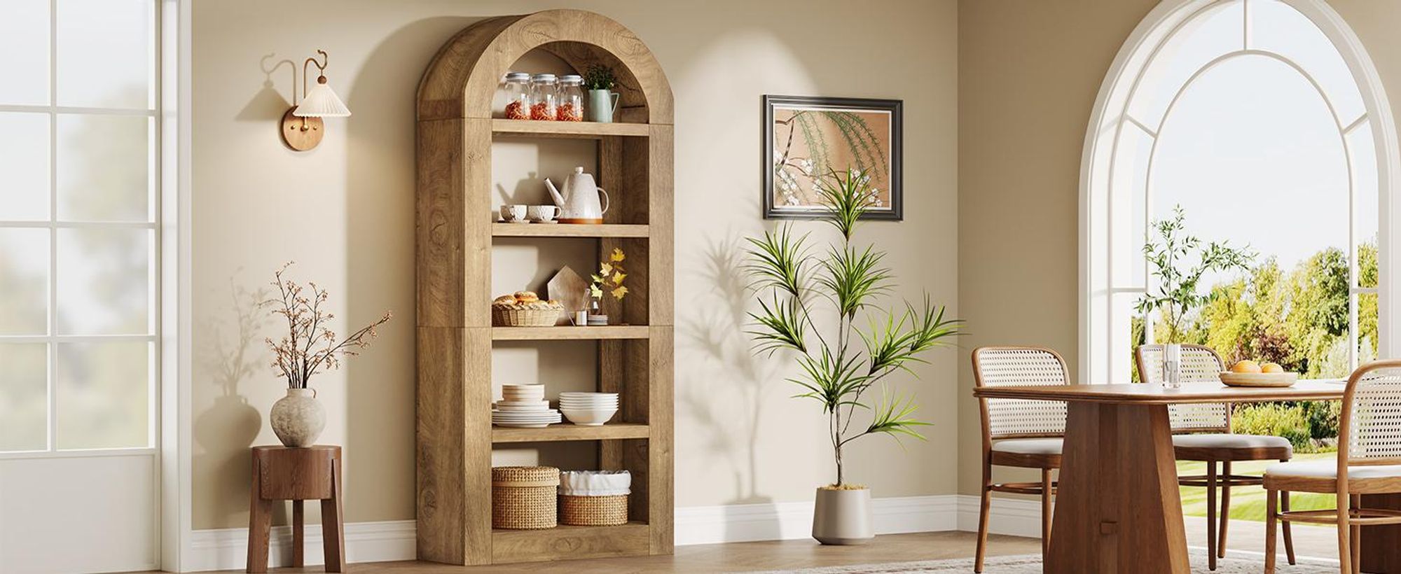 Tribesigns 180 cm Bücherregale, gewölbt Standregale mit Stauraum, 5-stöckiges offenes Bücherregal aus Holz mit Ablageflächen, naturfarben