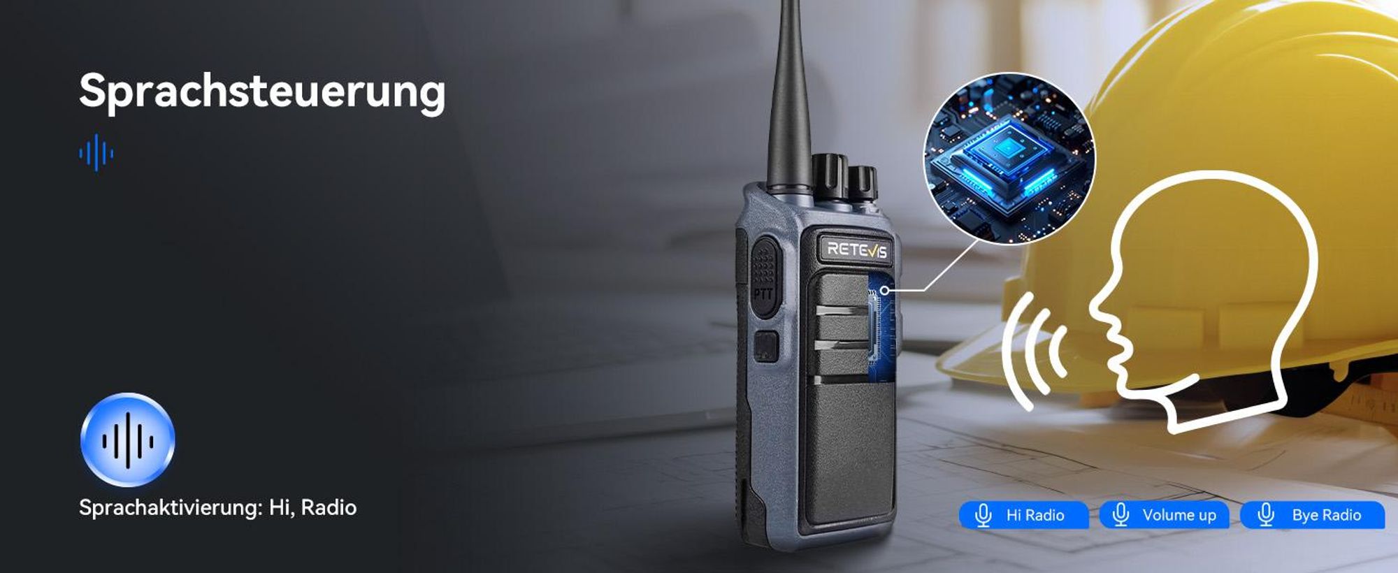 Retevis C64 Funkgeräte set, Professionelles Walkie Talkie Intelligente Spracherkennungs, 2500 mAh, Rauschunterdrückung, Handfunkgerät mit Headset