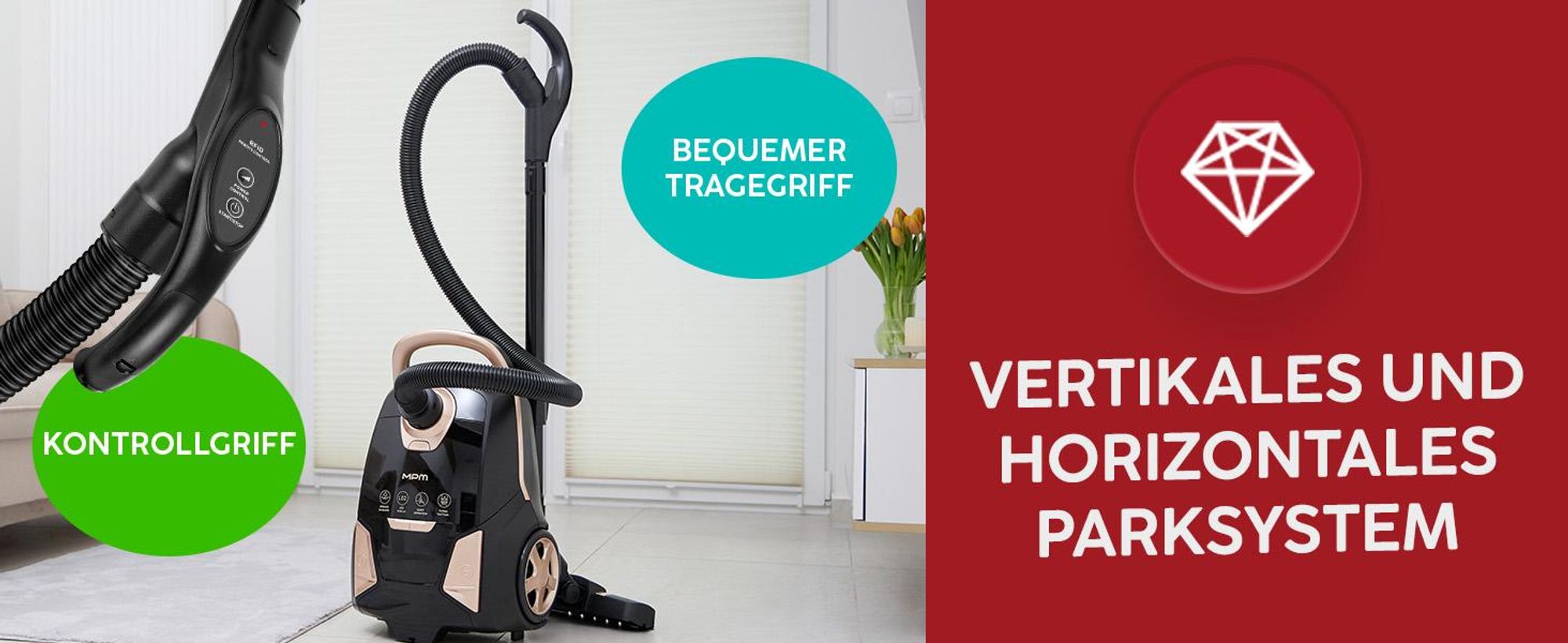 Beutelstaubsauger - stark - leise, Handheld - Zimmer - Silencer - Bedienelemente im Griff MPM MOD-55