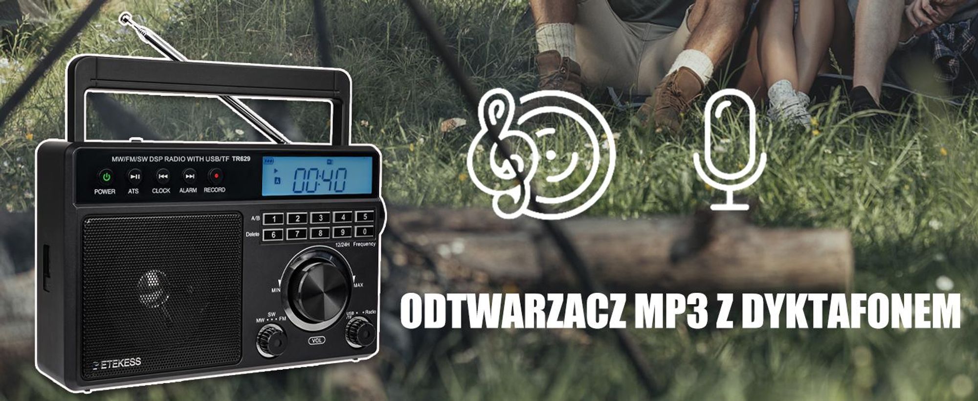 Przenośne radio Retekess TR629, radio alarmowe AM FM SW World Receiver z DSP, obsługa dysków U/kart SD, zegar, budzik, radio na baterie, prezenty dla osób starszych