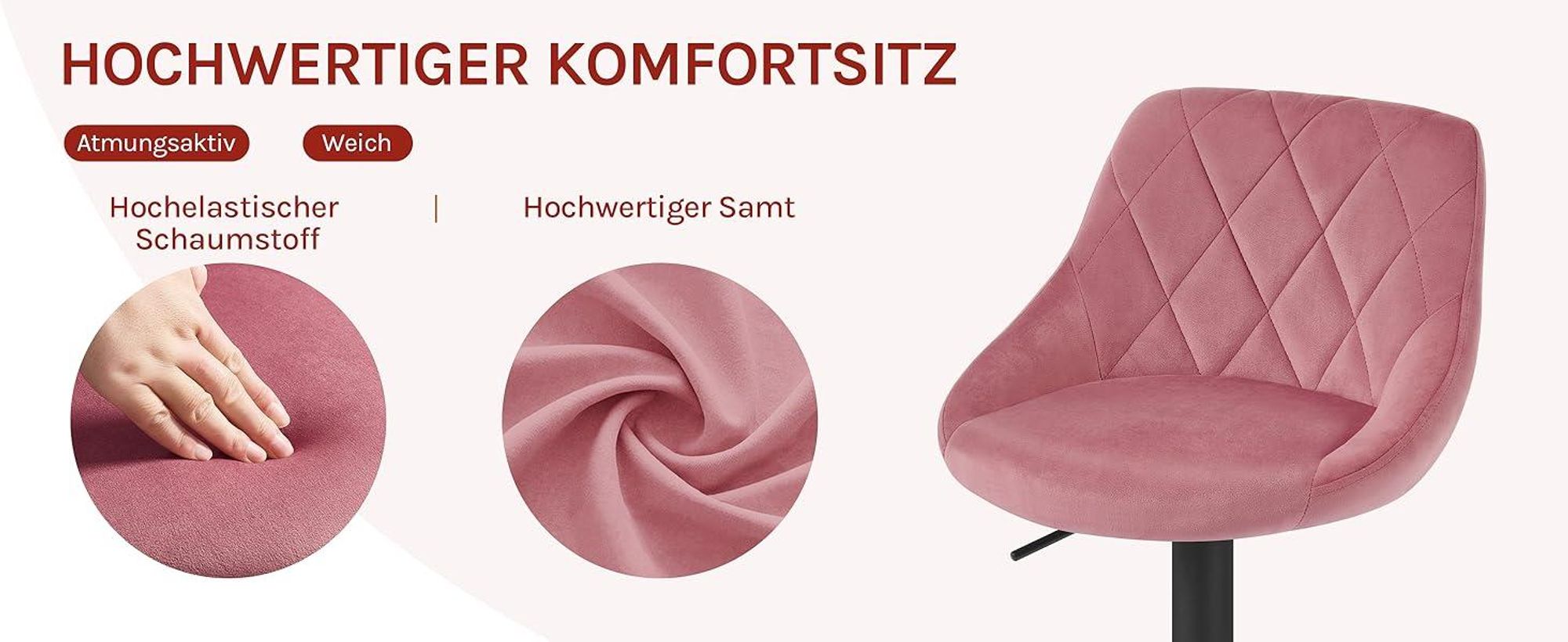 WOLTU Barhocker Barstuhl, Gute gepolsterte Sitzfläche aus Samt, Höhenverstellbar, 360° Drehbar, Rosa