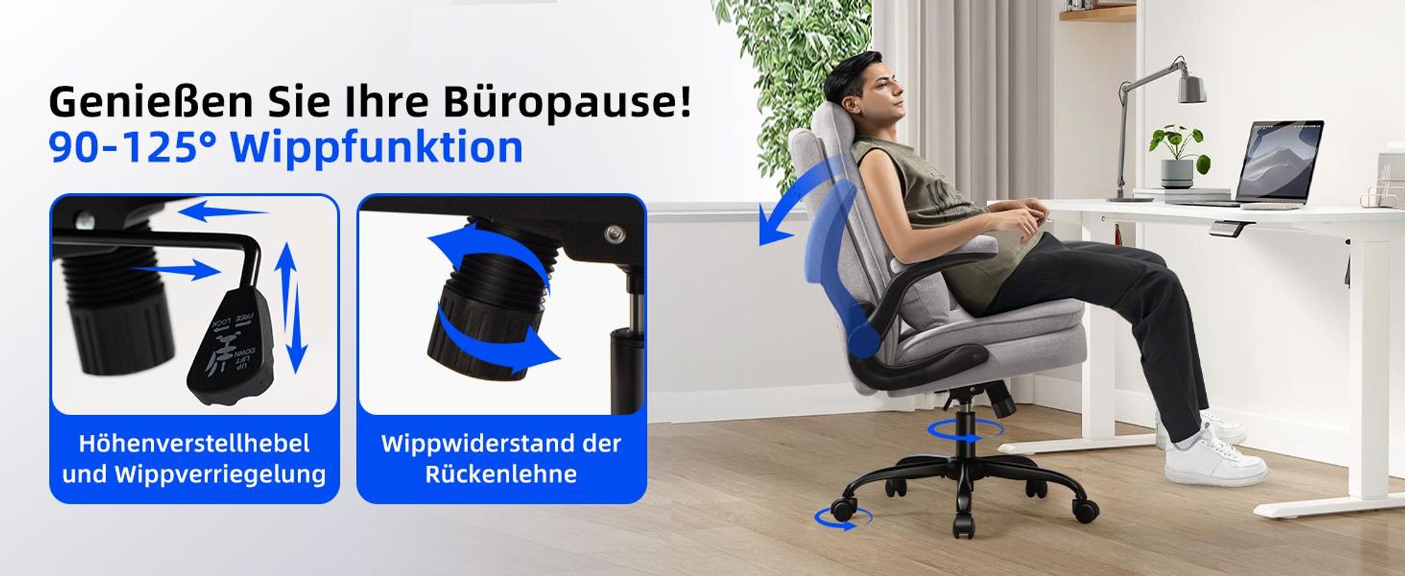 90–125° Wippfunktion, höhenverstellbarer Hebel, einstellbarer Wippwiderstand für Pausen