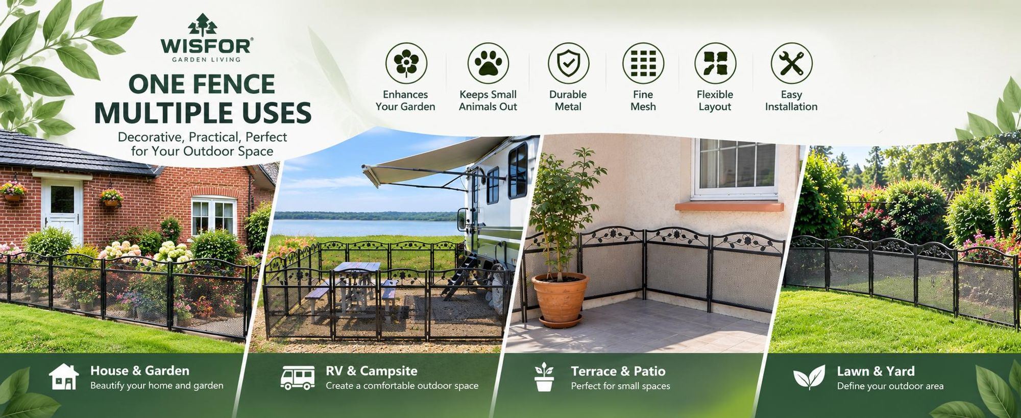 WISFOR Beetzaun Metall 5er Set, Steckzaun Gartenzaun mit Engmaschigem Gitter, 80x80 cm, Schwarz