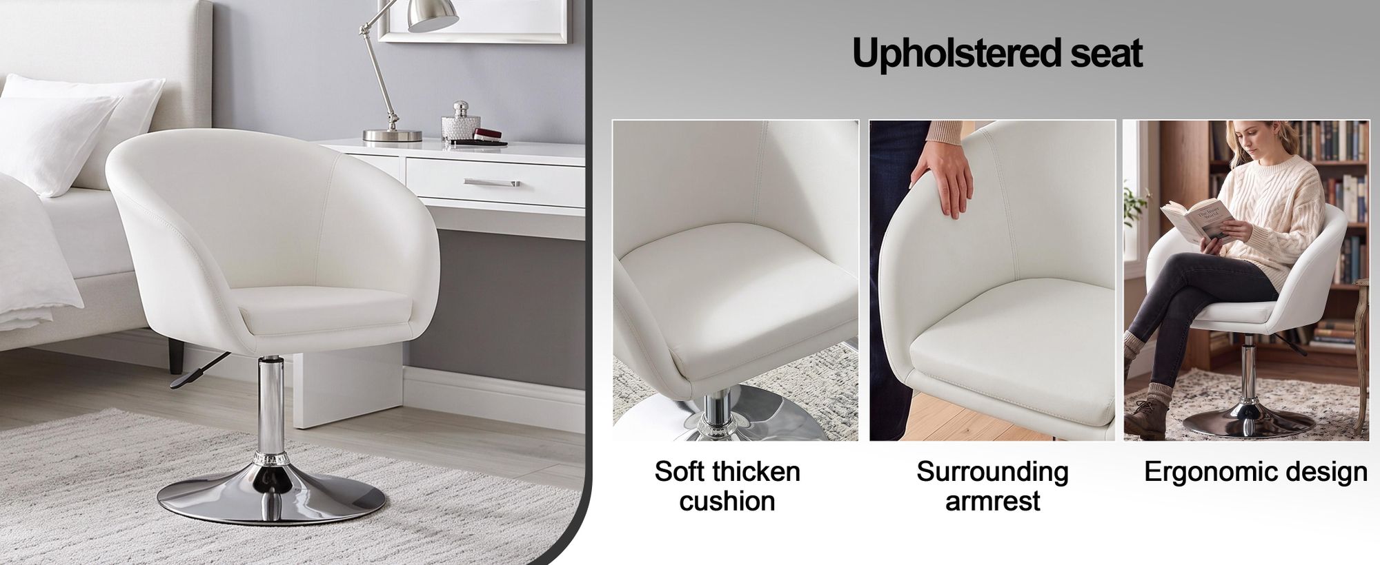 Duhome Clubfauteuil, cocktailfauteuil van kunstleer, loungefauteuil, in hoogte verstelbaar, draaistoel met armleuningen en rugleuning, wit