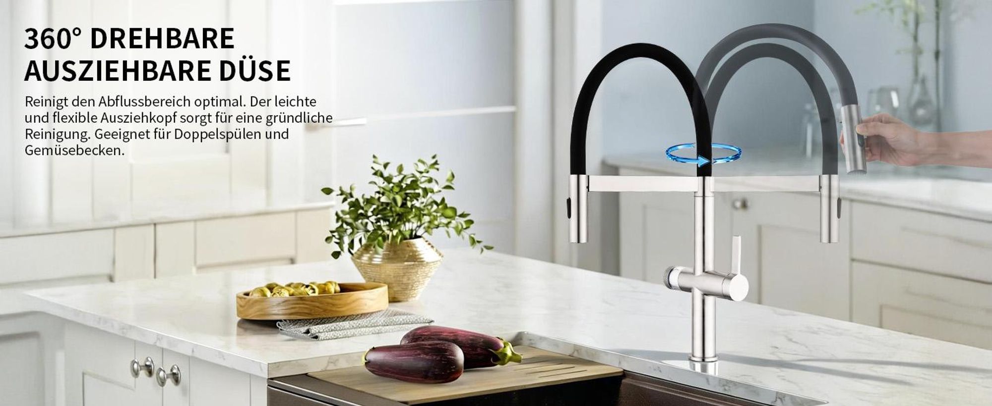 Homelody 304 Edelstahl Küchenarmatur, Ausziehbarer Auszug, Magnetisch, Filterfunktion, 2 Strahlarten, 360° Drehbar, Kaltstart-Ventil, für Doppelspülen