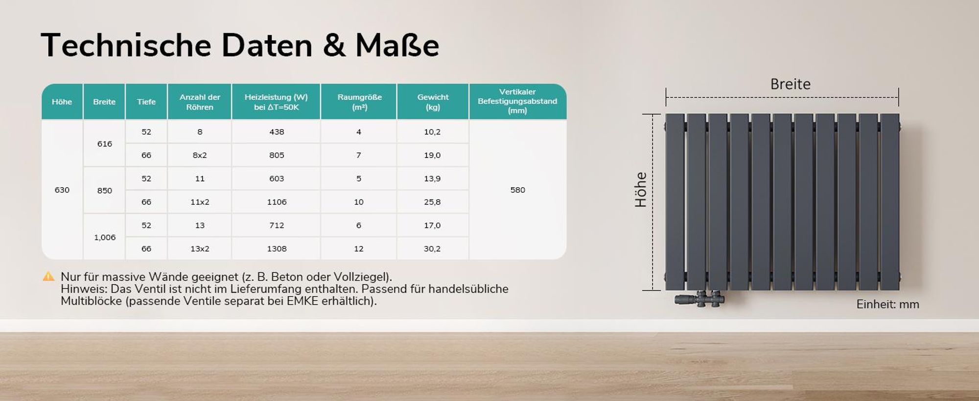 EMKE Heizkörper Flach 63 x 85 cm Einlagig 603 W Anthrazit Design Paneelheizkörper