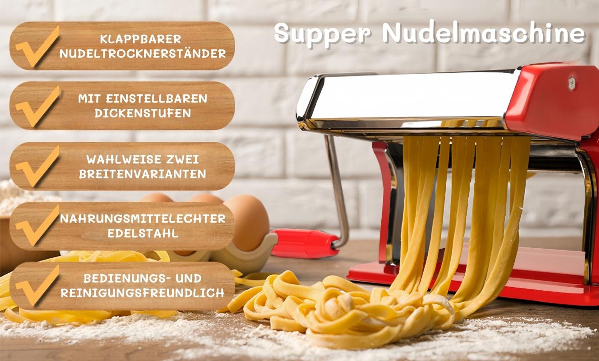 3in1 Edelstahl Nudelmaschine Pasta Maker mit 2 Klingen und 9 Einstellbare Dicke, Nudelschneider, Frische Manuelle Pasta Walze Maschine, Rot
