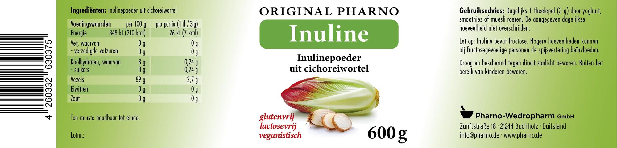 Original Pharno Inuline 600 g – puur inulinepoeder uit cichoreiwortel, vegan