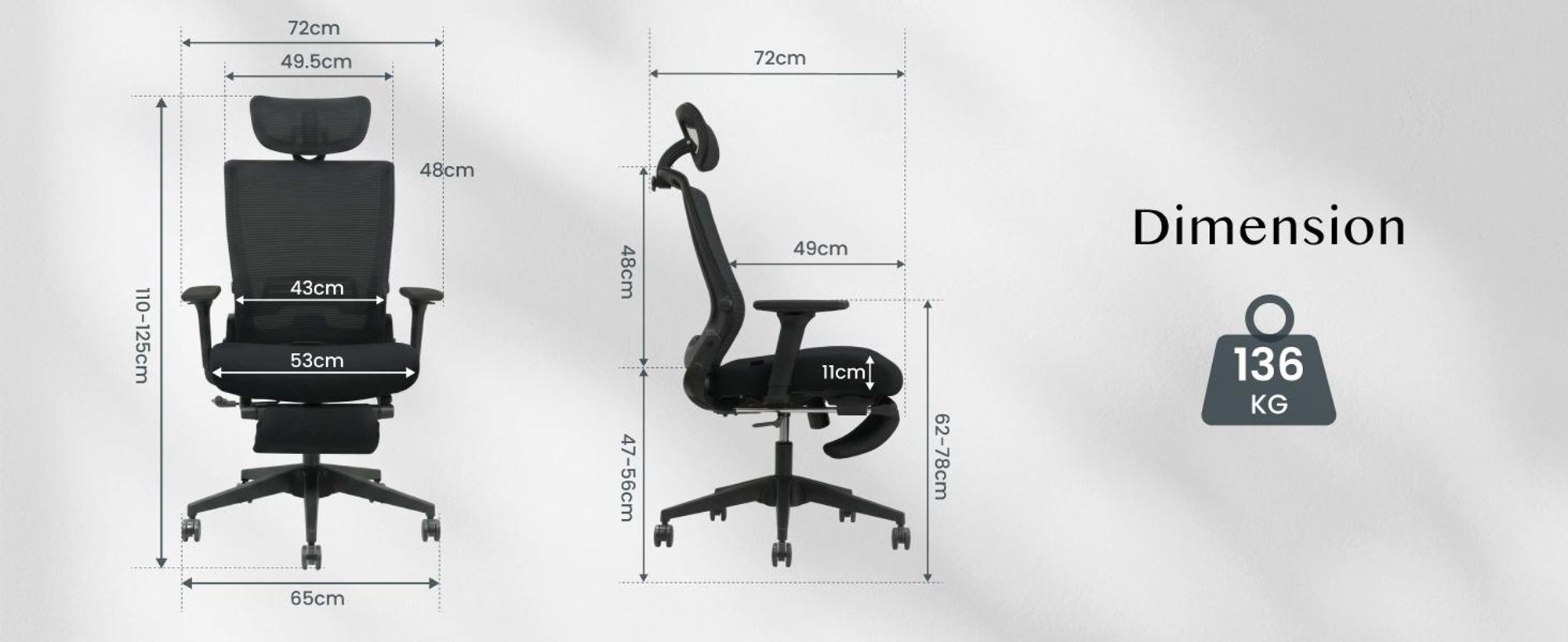 FLEXISPOT Foldex Ergonomischer Bürostuhl klappbarer Bürostuhl für Kleine Räume Lendenwirbelstütze Höhenverstellbaren Armlehnen mit Fußstütze Schwarz