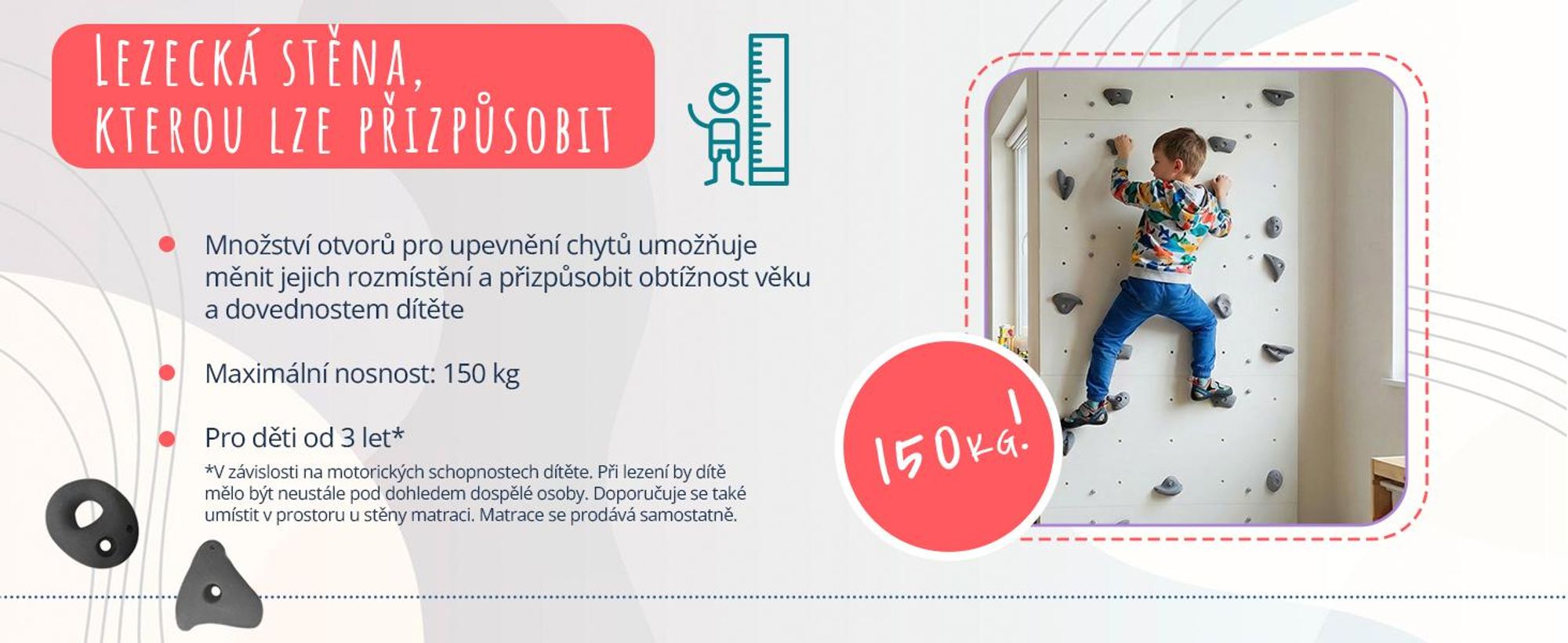 Create for you® – Lezecká stěna, 100x50 cm, 5 šedých úchytů, Domácí Lezení, Fitness Vybavení na Doma, Pohybová Zábava pro Děti