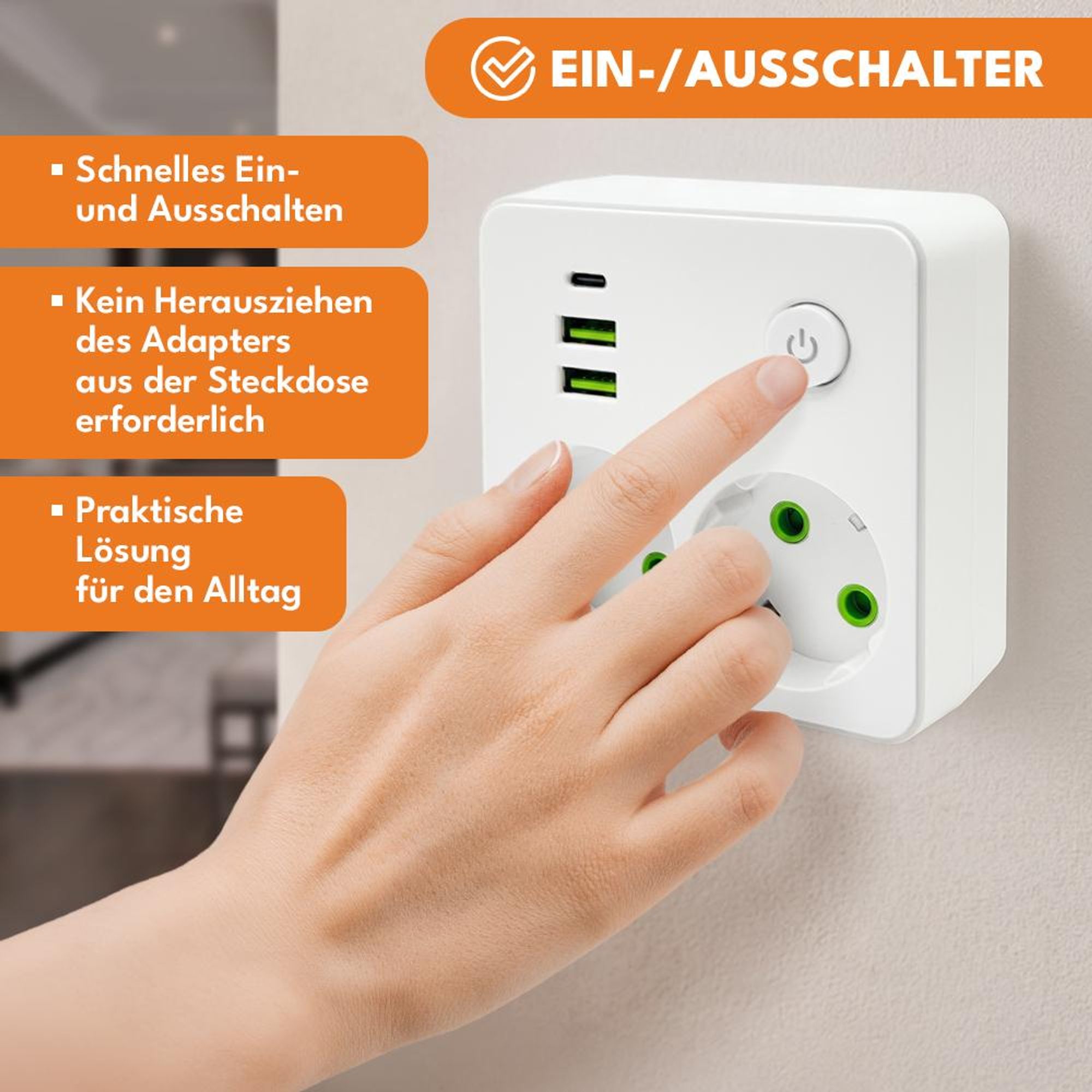 KRUMAD Steckdosenadapter 5in1 mit USB und USB-C, Mehrfachstecker Doppelsteckdose, 2-fach Steckdosenadapter ohne Kabel, kompakter Multistecker Weiß
