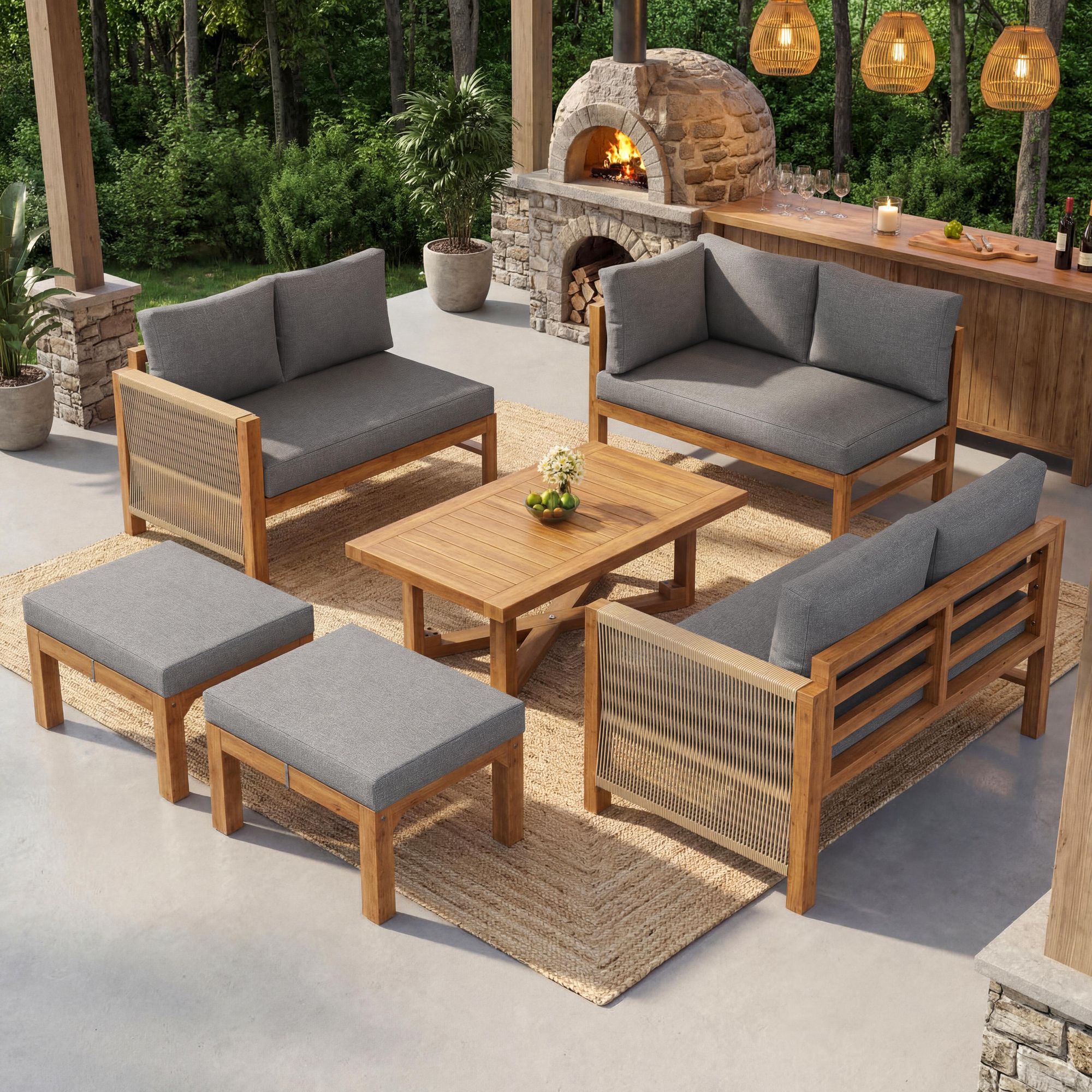 Flieks Gartenmöbel-Set 6-tlg., Gartensofa mit Hocker und Tisch, Gartenloungeset Balkonmöbelset 8 Sitzer aus Akazie, Terassenmöbelset mit Kissen, Grau
