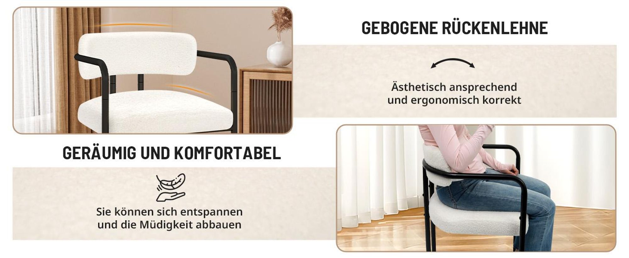 Puluomis Esszimmerstuhl mit Armlehnen 6er Set, Ergonomischer Küchenstühle mit gepolsterten Sitz, Teddyfleece Bezug, 120kg Tragfähigkeit weiß