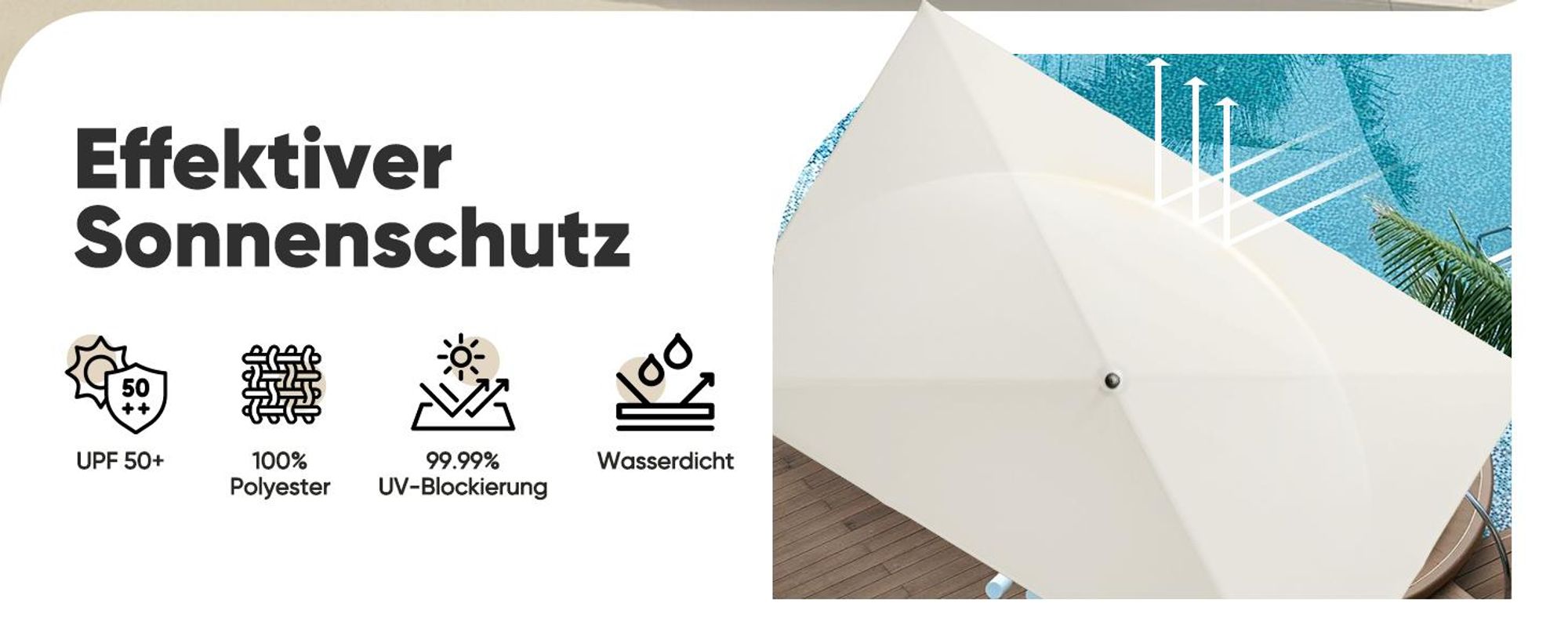 Sekey Sonnenschirm 200 x 125 cm Rechteckig Balkonschirm mit Balkonklammer und Schutzhülle, Neigbar, UV50+ Schutz, Hellbeige